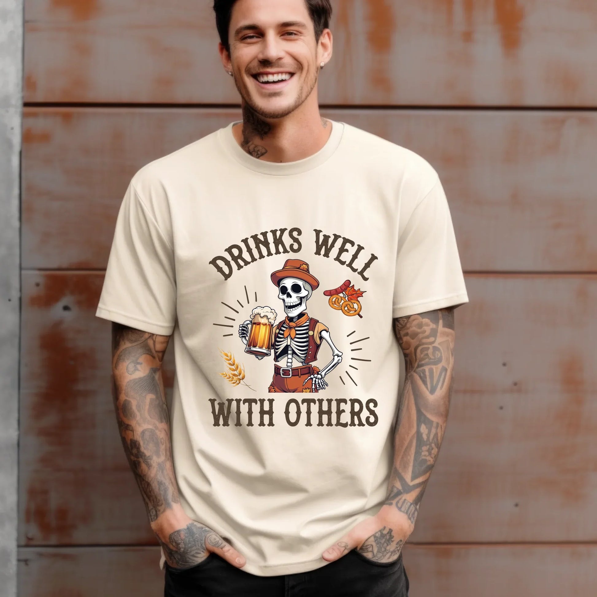 Drinks Well With Others T-Shirt – Funny Skeleton Beer Lover Tee Hoodie, Sweatshirt | InkThreadWorks.com (Image 2)