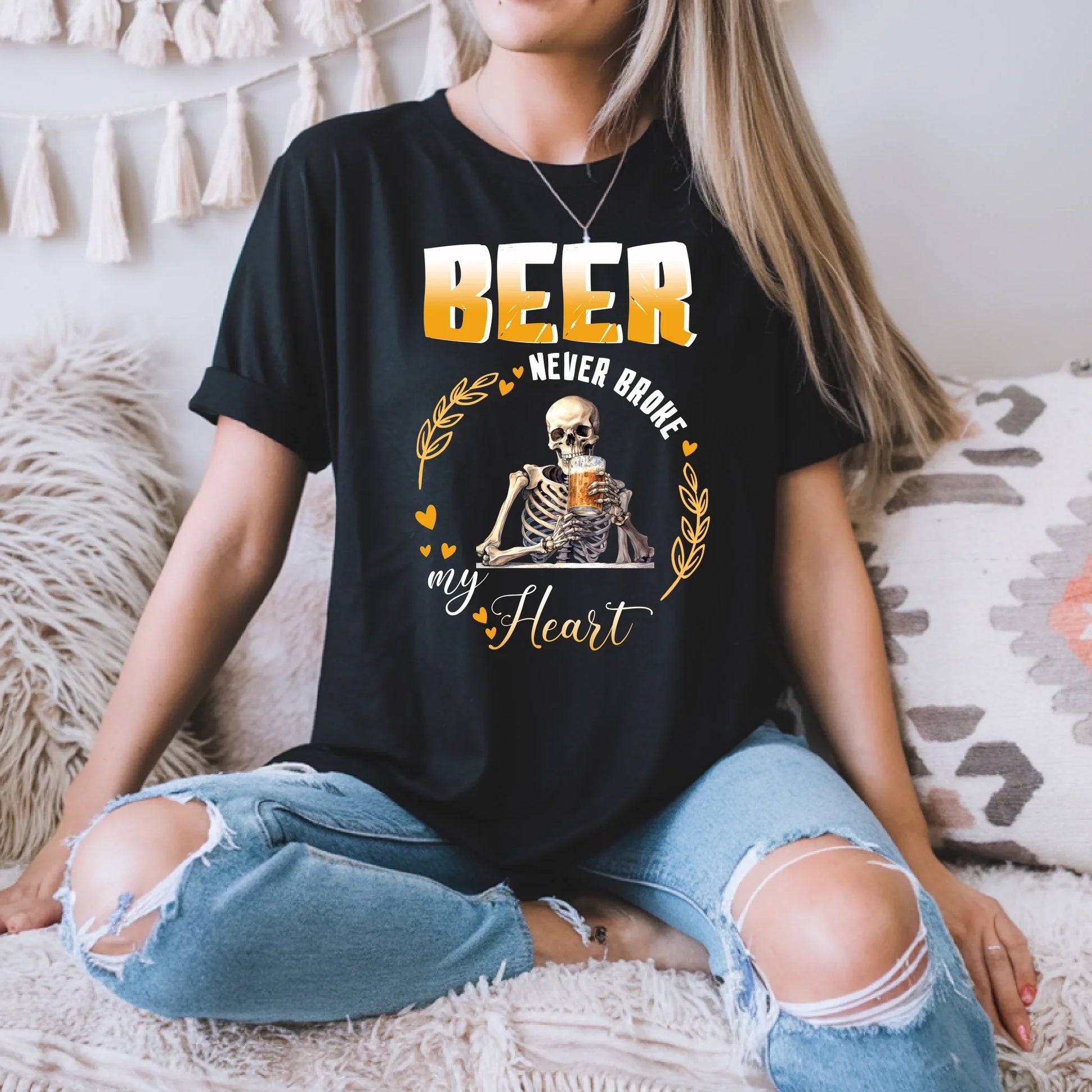 Personalized Beer Never Broke My Heart T-Shirt – Custom Skeleton Funny Beer Lover Shirt Hoodie, Sweatshirt (Image 1)