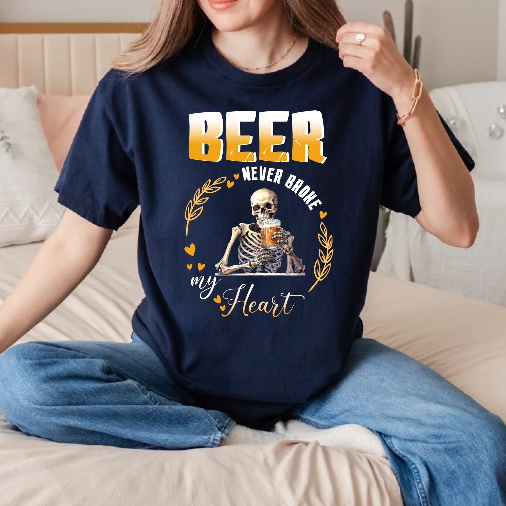 Personalized Beer Never Broke My Heart T-Shirt – Custom Skeleton Funny Beer Lover Shirt Hoodie, Sweatshirt (Image 4)