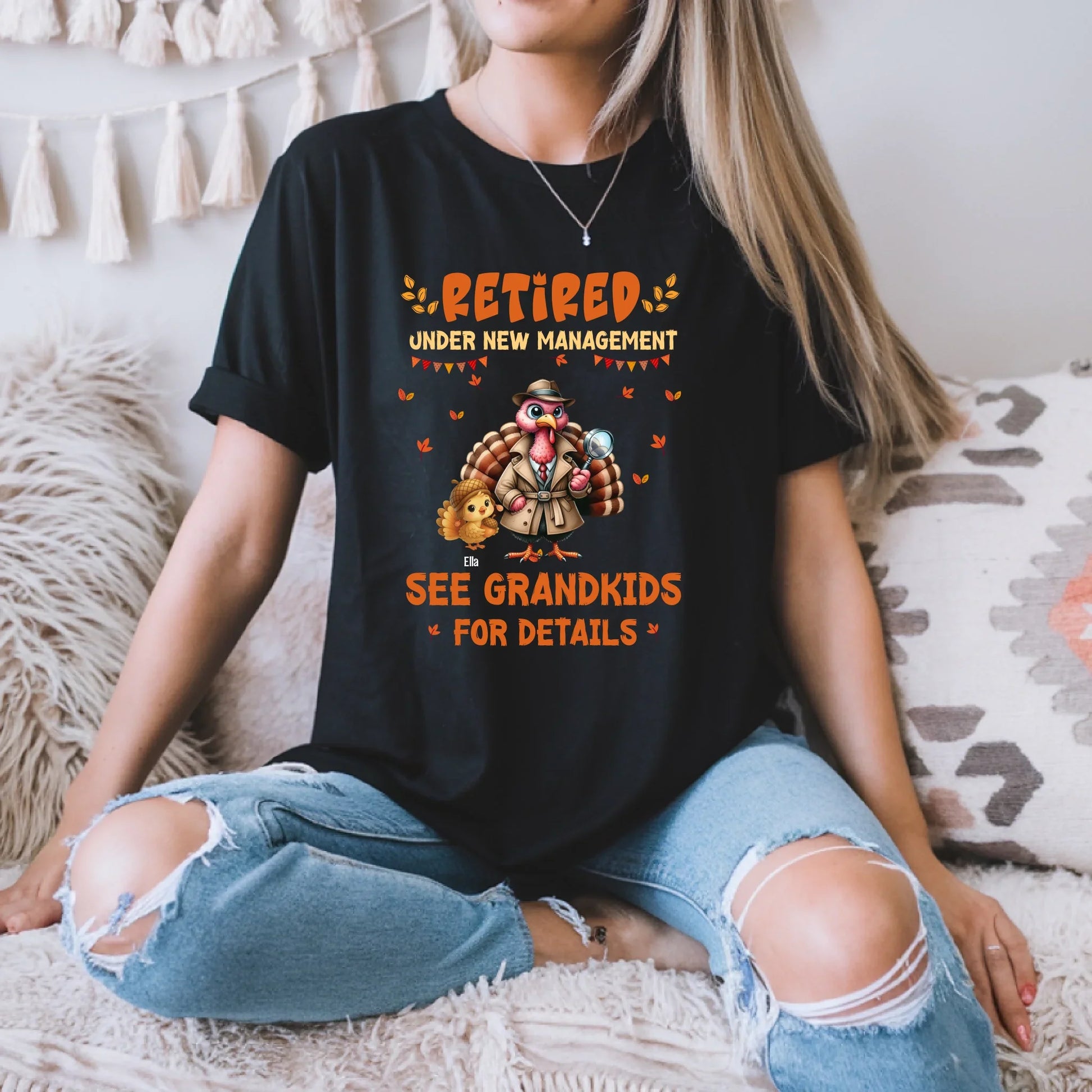 Personalized Retired Thanksgiving Shirt for Grandma or Grandpa – “Under New Management” Custom Grandkids Names... (Image 1)
