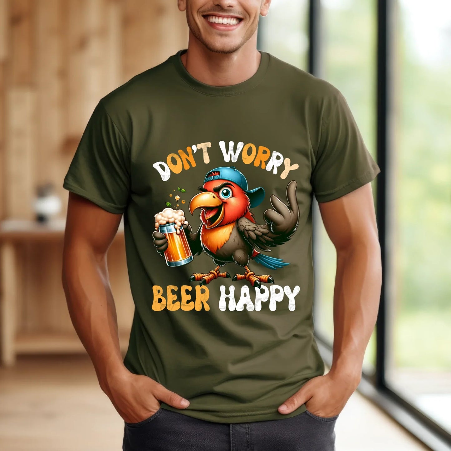 Don’t Worry Beer Happy T-Shirt – Funny Beer Lover Tee with Customizable Bird Design Hoodie, Sweatshirt (Image 3)