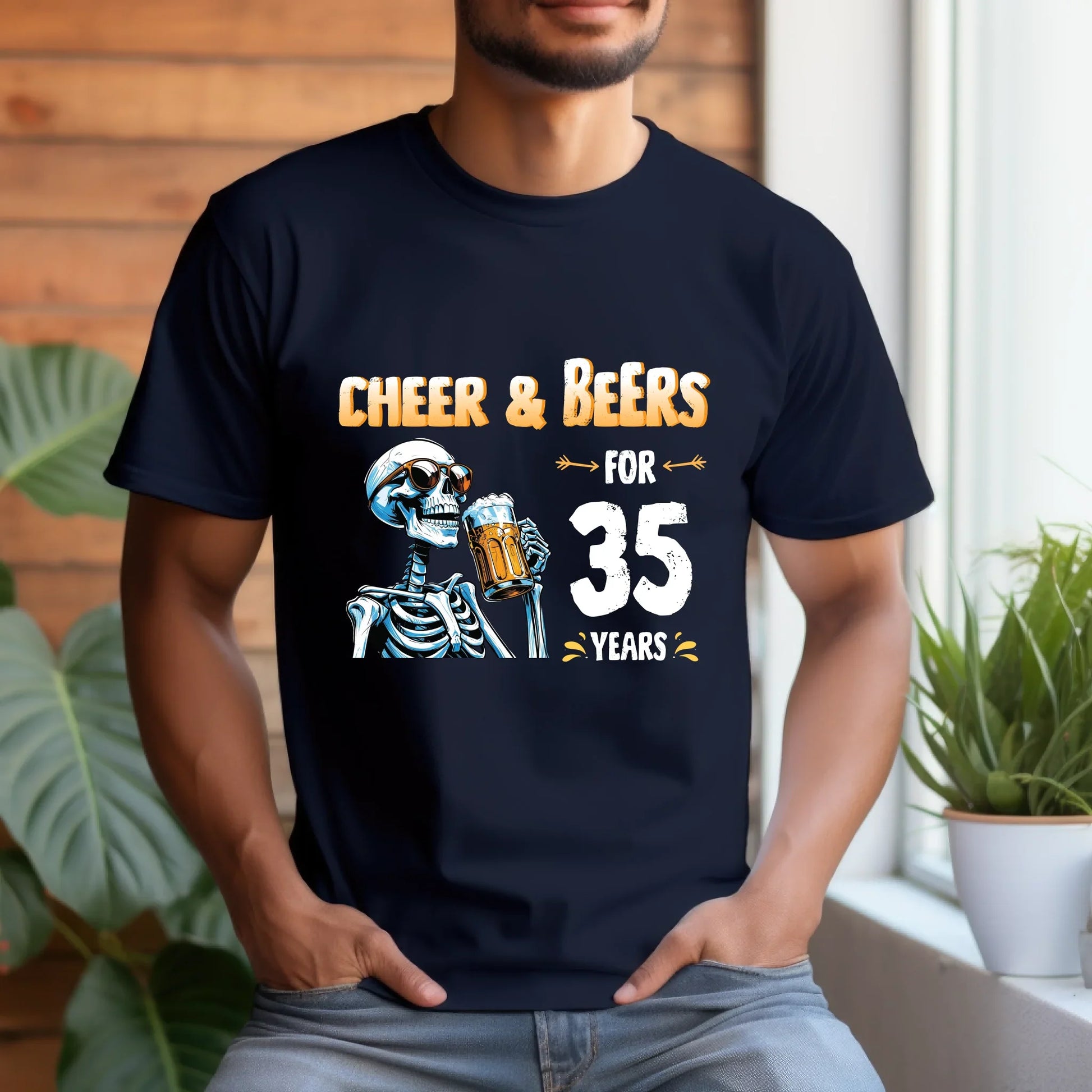 Cheer & Beers for 35 Years T-Shirt – Funny Skeleton Birthday Beer Lover Tee (Custom Year) Hoodie, Sweatshirt (Image 3)