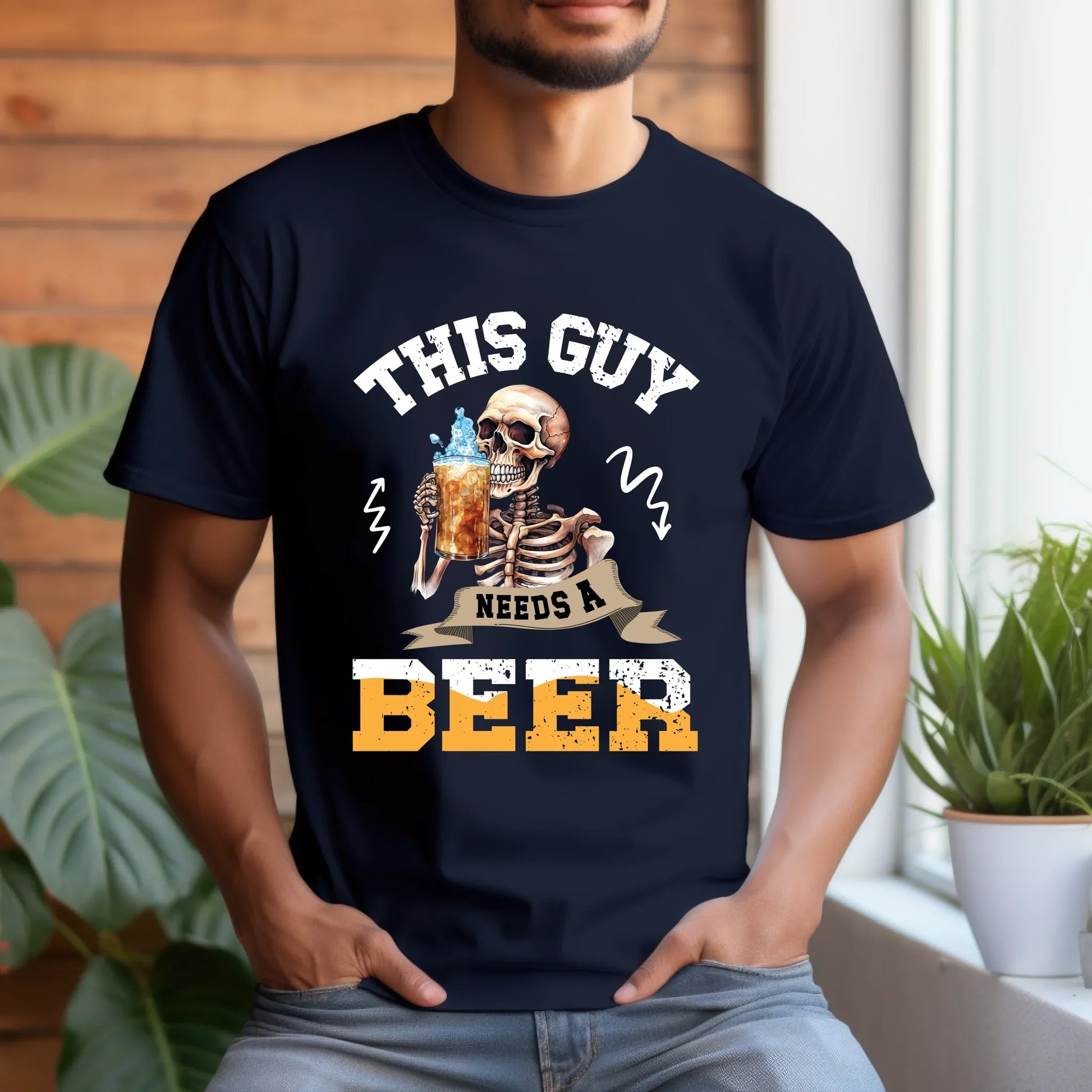 This Guy Needs A Beer T-Shirt – Funny Skeleton Beer Lover Drinking Tee for Men Hoodie, Sweatshirt (Image 3)