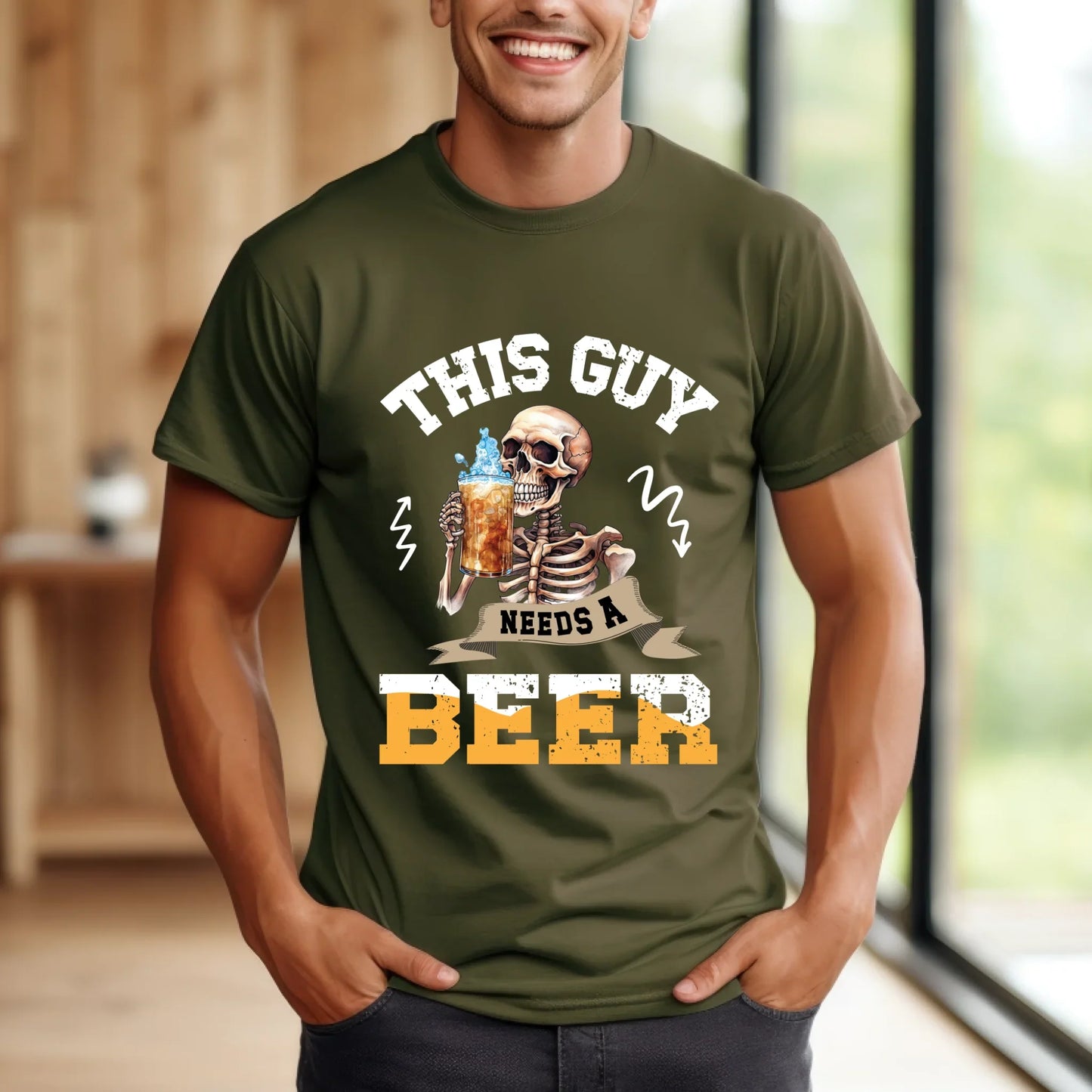 This Guy Needs A Beer T-Shirt – Funny Skeleton Beer Lover Drinking Tee for Men Hoodie, Sweatshirt (Image 4)