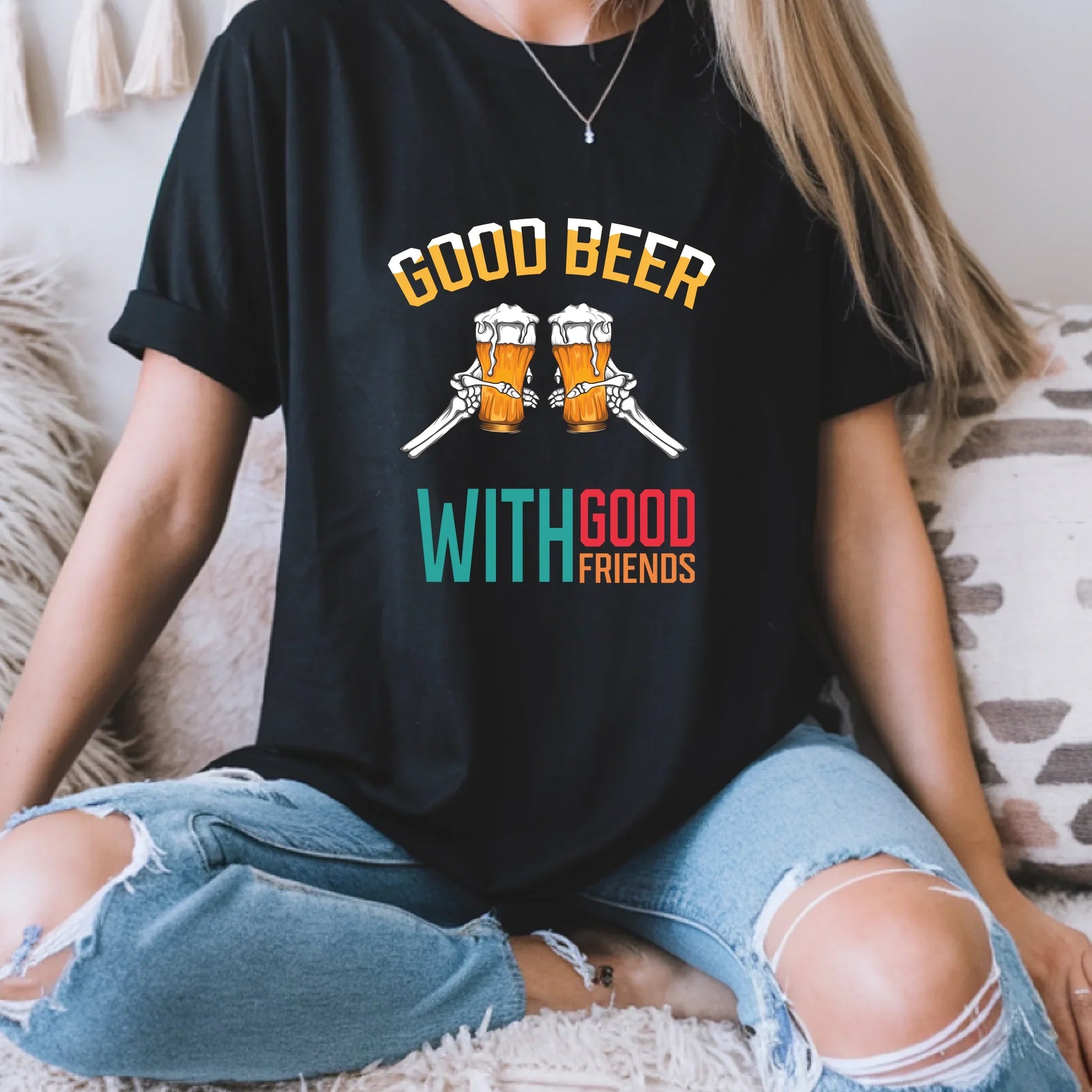Good Beer With Good Friends T-Shirt – Customizable Skeleton Hand Beer Glass Tee for Men & Women Hoodie, Sweatshirt (Image 2)
