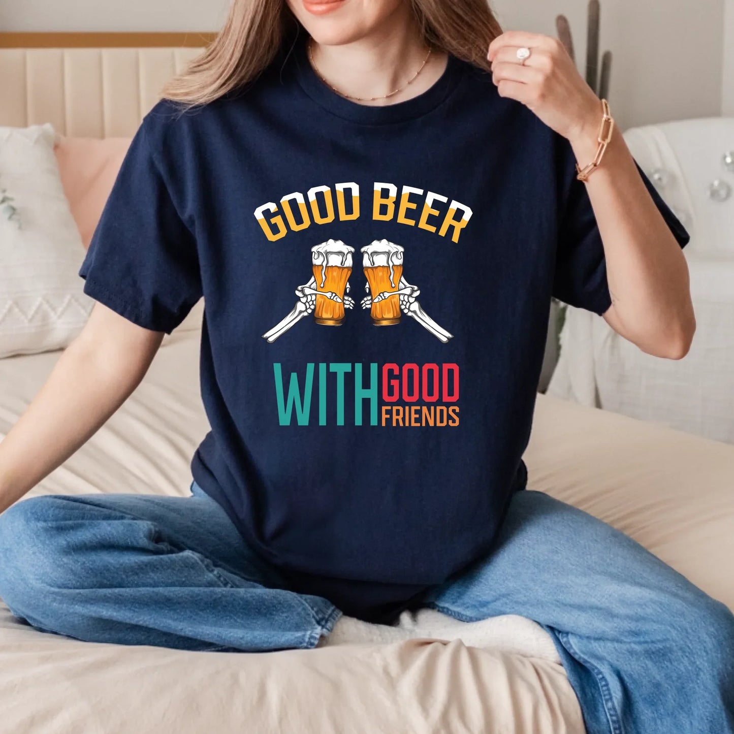 Good Beer With Good Friends T-Shirt – Customizable Skeleton Hand Beer Glass Tee for Men & Women Hoodie, Sweatshirt (Image 4)