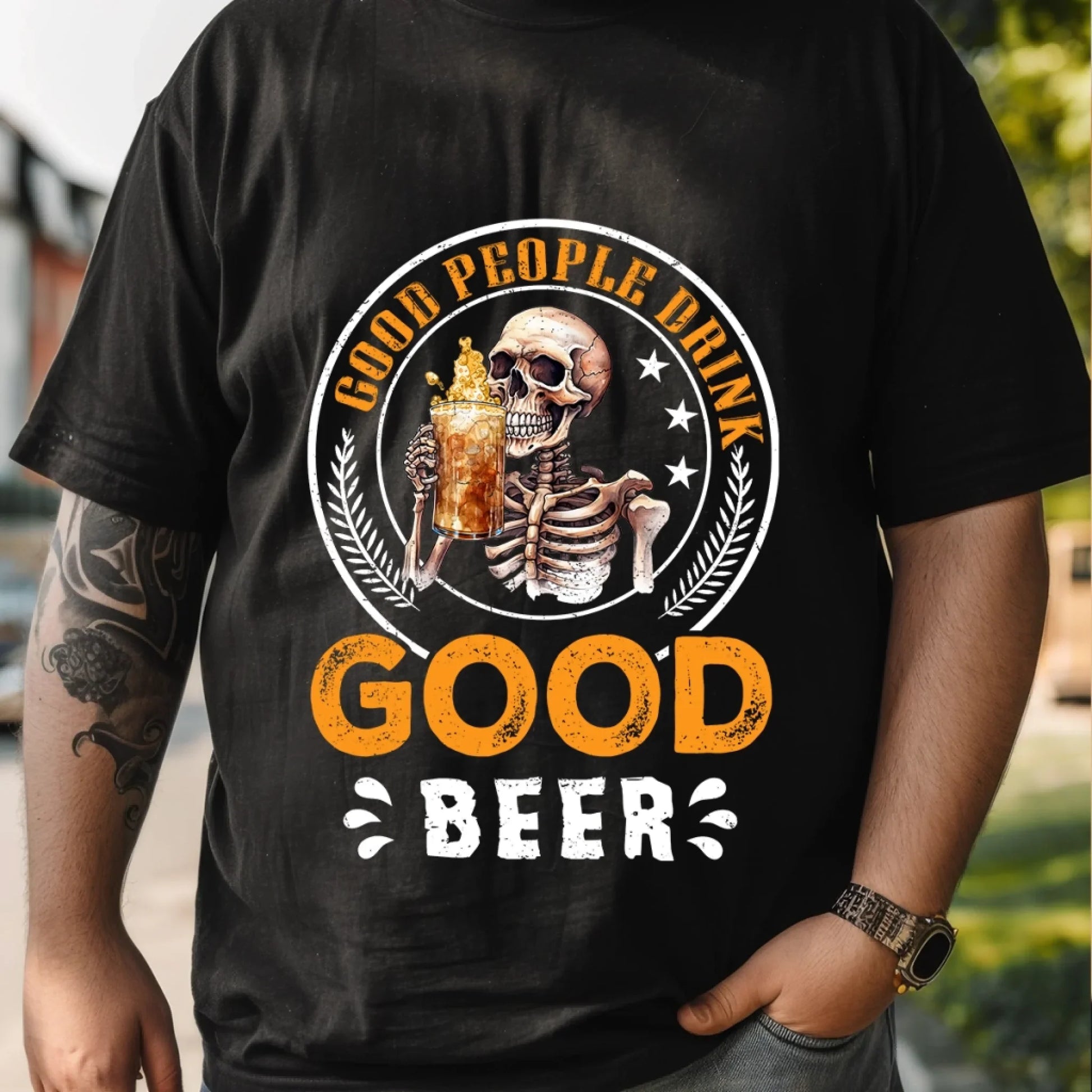 Good People Drink Good Beer T-Shirt – Customizable Skeleton Beer Lover Tee for Men & Women Hoodie, Sweatshirt (Image 1)