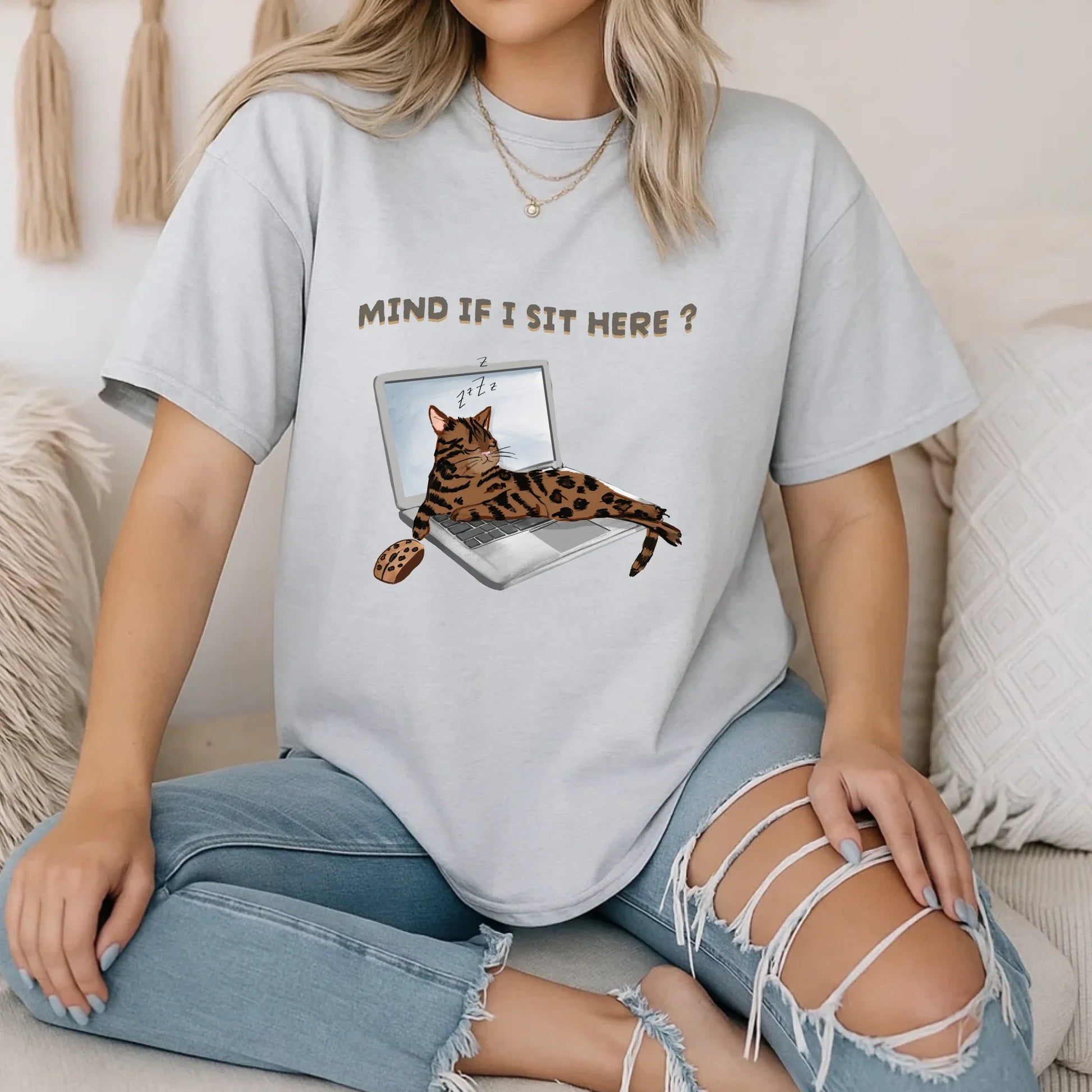 Funny Cat Shirt – Mind If I Sit Here? T-Shirt – Cute Cat on Laptop Graphic Tee for Cat Lovers Hoodie, Sweatshirt (Image 3)
