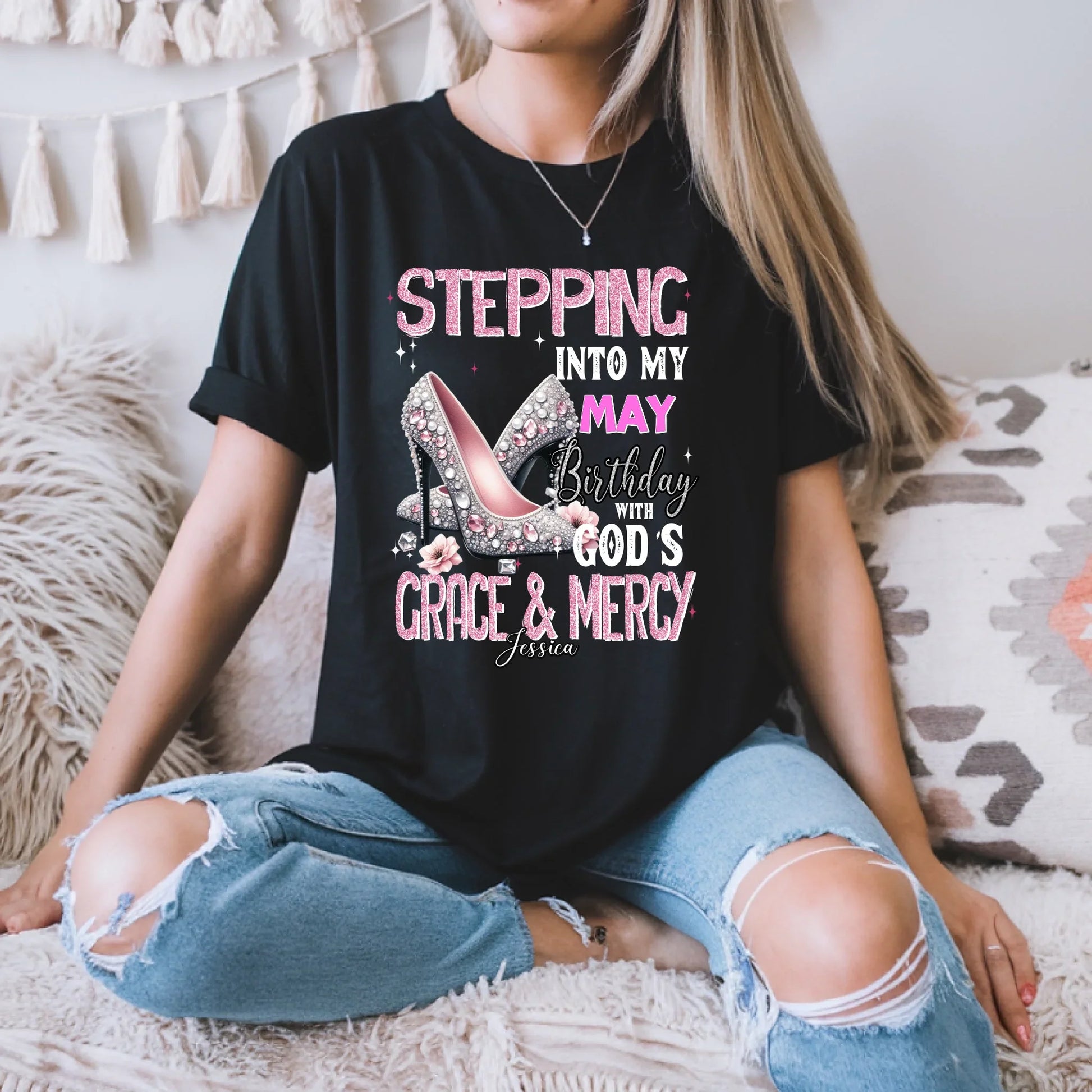Custom Birthday T-Shirt – “Stepping Into My [Month] Birthday with God’s Grace & Mercy” – Personalized Women’s... (Image 1)