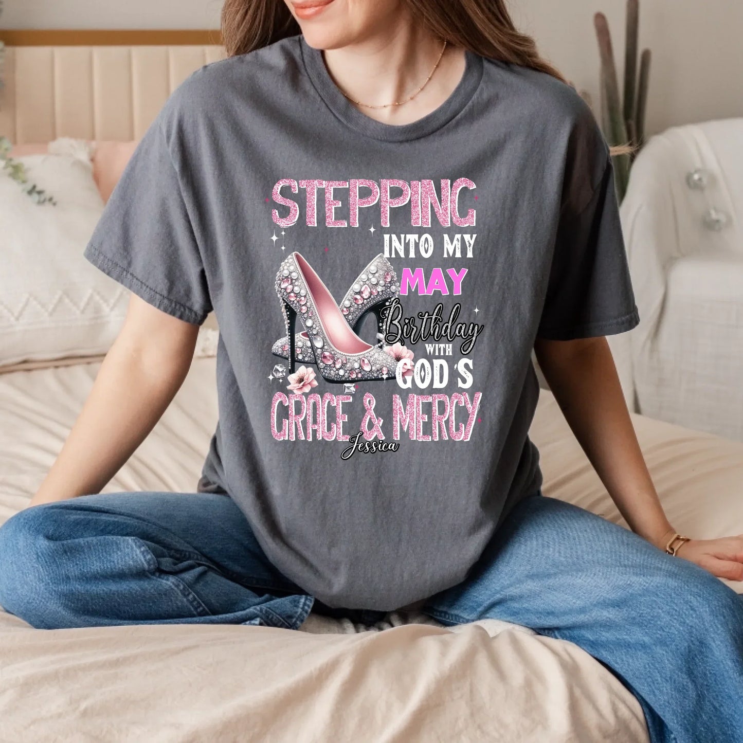 Custom Birthday T-Shirt – “Stepping Into My [Month] Birthday with God’s Grace & Mercy” – Personalized Women’s... (Image 2)