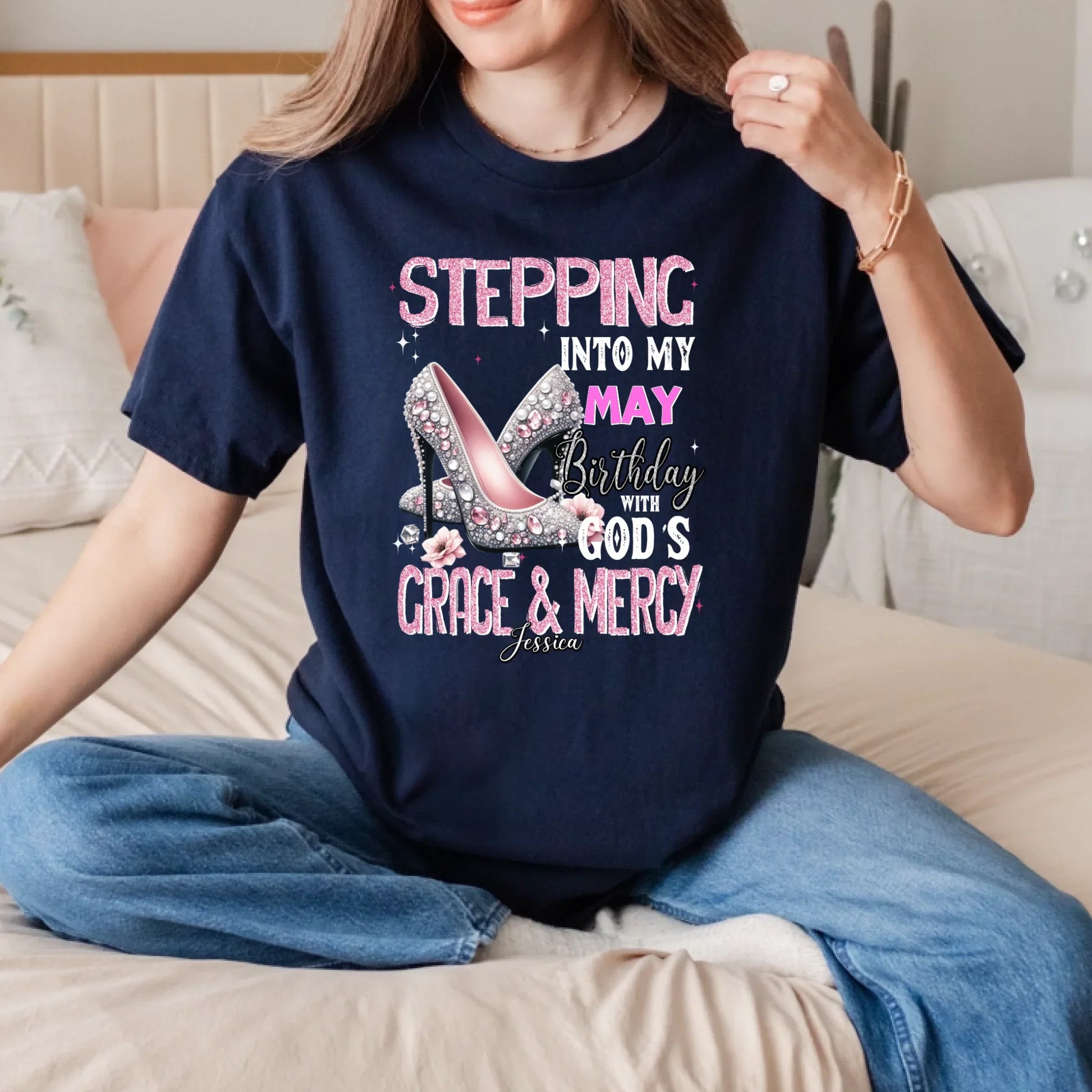 Custom Birthday T-Shirt – “Stepping Into My [Month] Birthday with God’s Grace & Mercy” – Personalized Women’s... (Image 3)