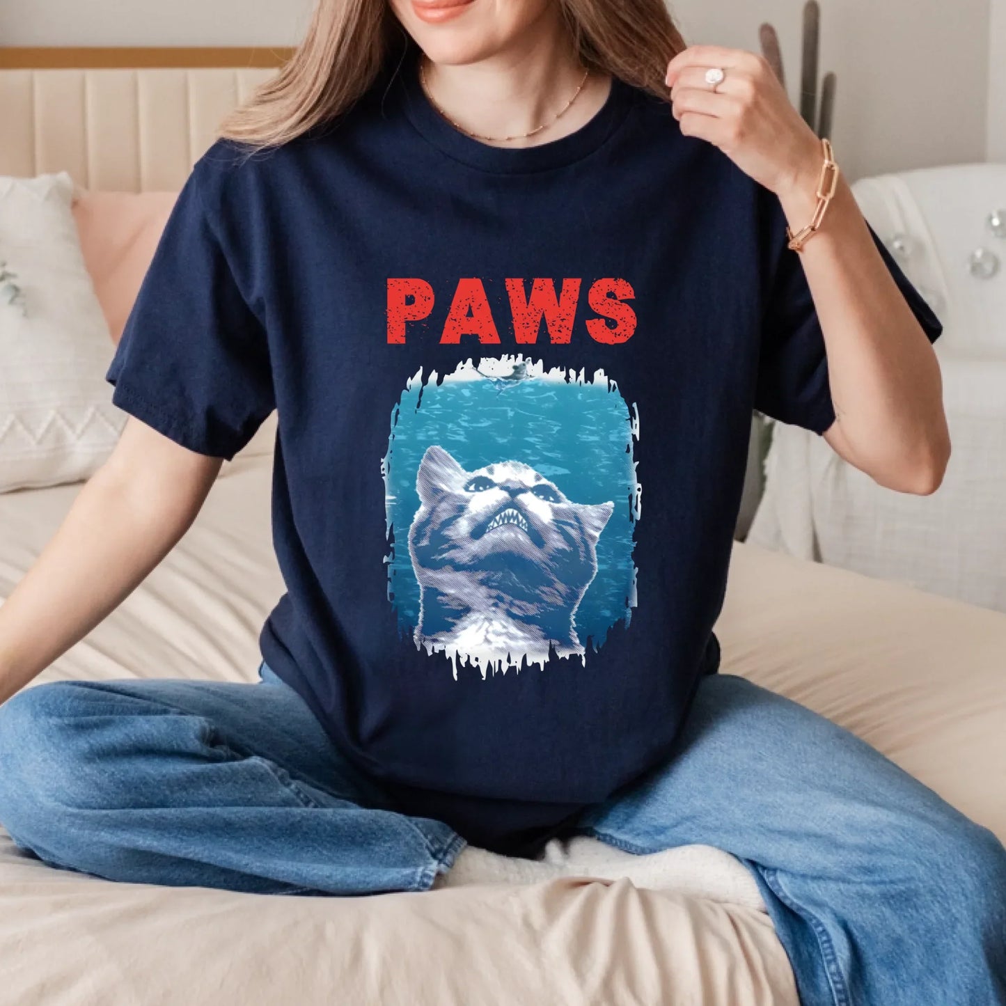 Funny Cat “PAWS” T-Shirt – Jaws Parody Graphic Tee – Retro Cat Meme Shirt for Men & Women Hoodie, Sweatshirt (Image 3)