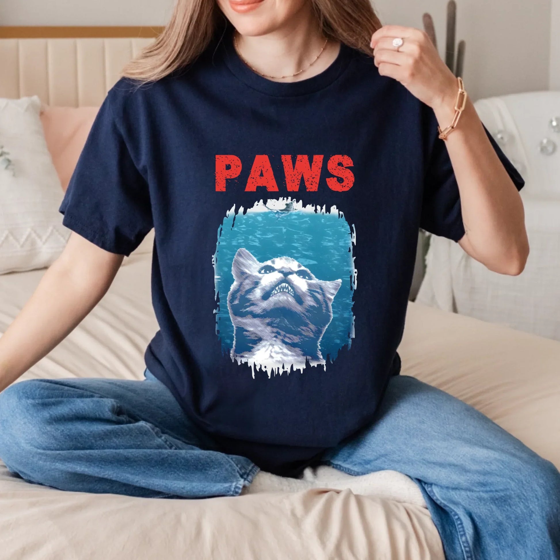 Funny Cat “PAWS” T-Shirt – Jaws Parody Graphic Tee – Retro Cat Meme Shirt for Men & Women Hoodie, Sweatshirt (Image 3)