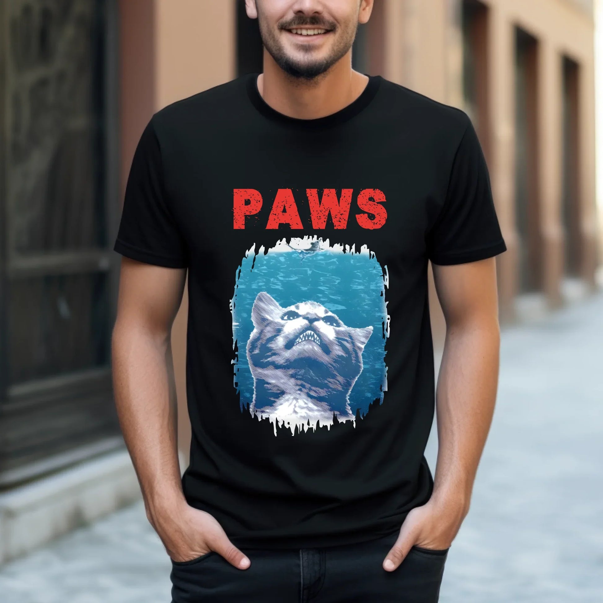 Funny Cat “PAWS” T-Shirt – Jaws Parody Graphic Tee – Retro Cat Meme Shirt for Men & Women Hoodie, Sweatshirt (Image 4)