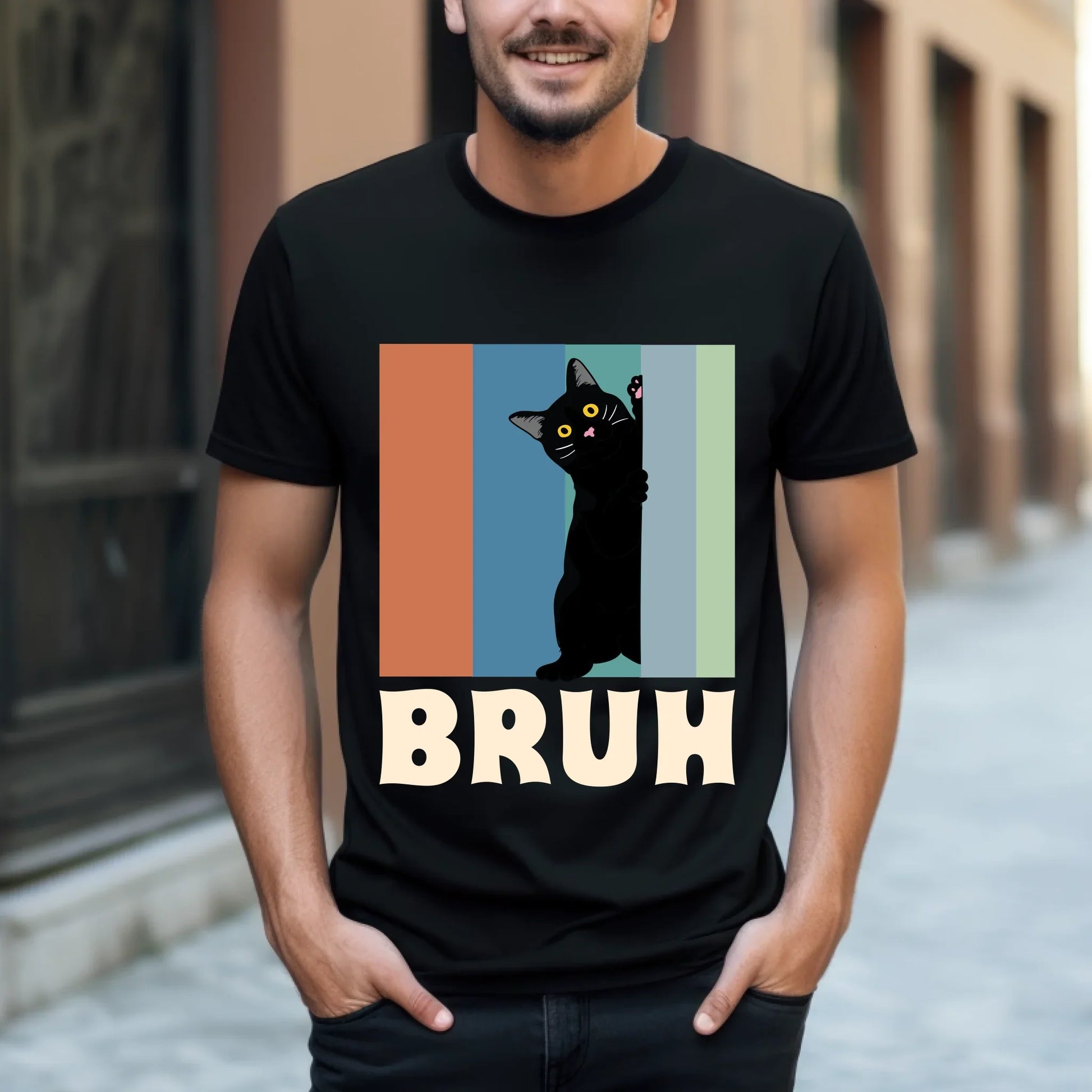 Funny Black Cat T-Shirt – BRUH Meme Graphic Tee – Retro Vintage Cat Shirt for Men & Women Hoodie, Sweatshirt (Image 4)