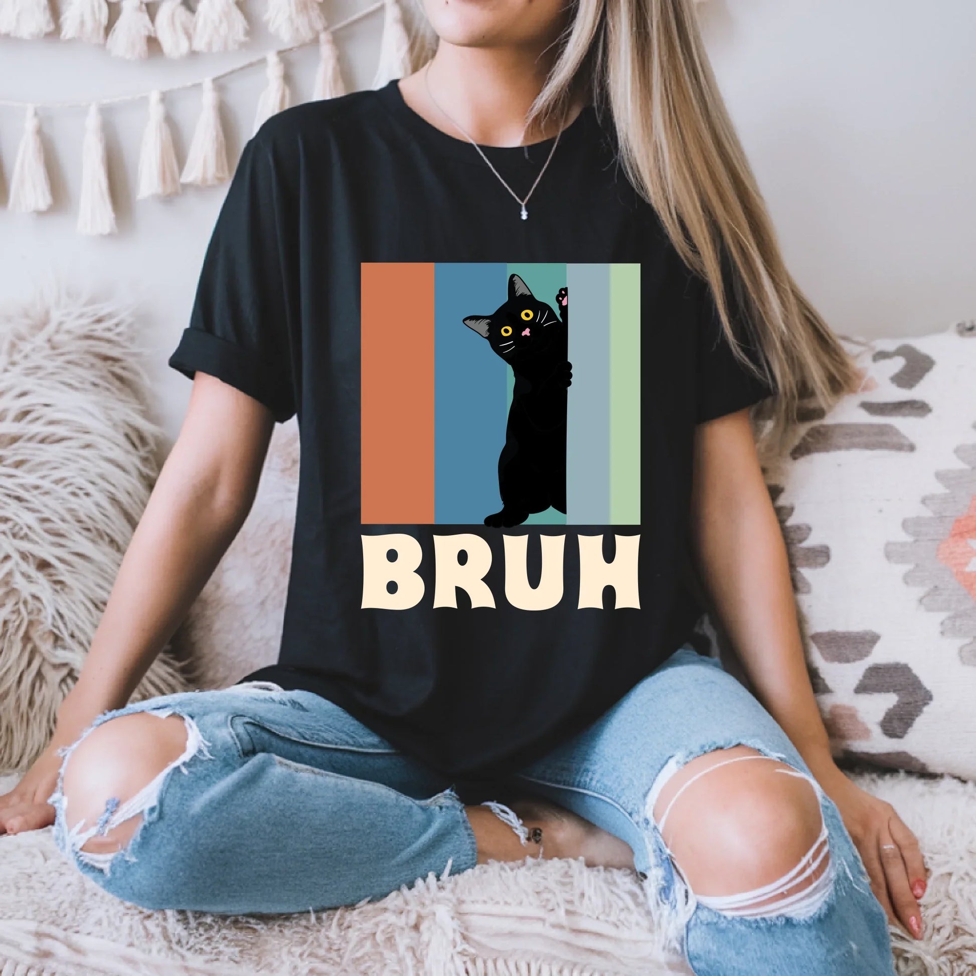 Funny Black Cat T-Shirt – BRUH Meme Graphic Tee – Retro Vintage Cat Shirt for Men & Women Hoodie, Sweatshirt (Image 1)