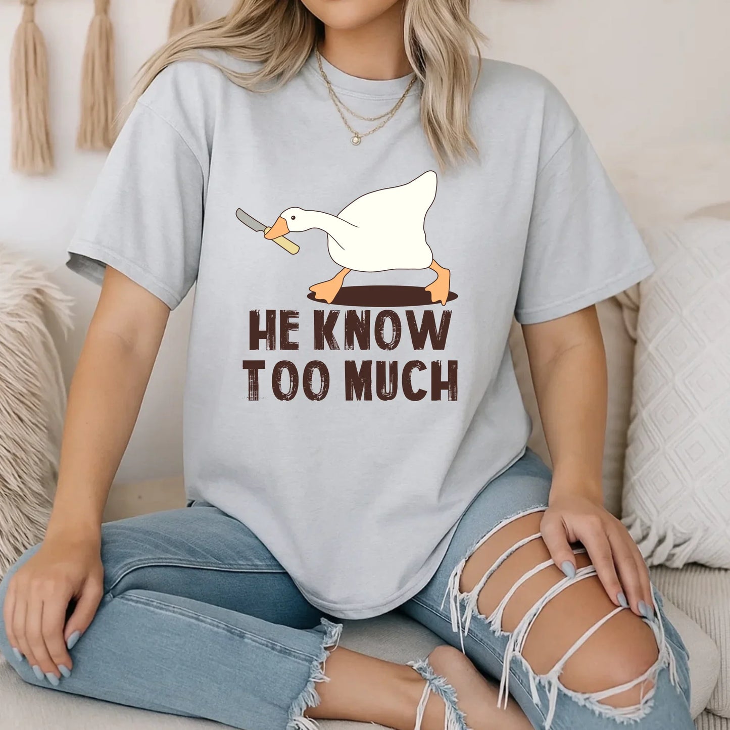 Funny Goose T-Shirt – He Know Too Much – Meme Graphic Tee for Men & Women Hoodie, Sweatshirt | InkThreadWorks.com (Image 3)