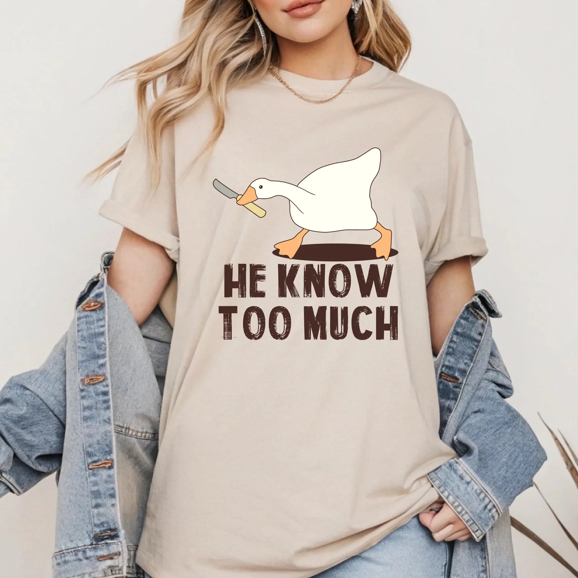 Funny Goose T-Shirt – He Know Too Much – Meme Graphic Tee for Men & Women Hoodie, Sweatshirt | InkThreadWorks.com (Image 5)