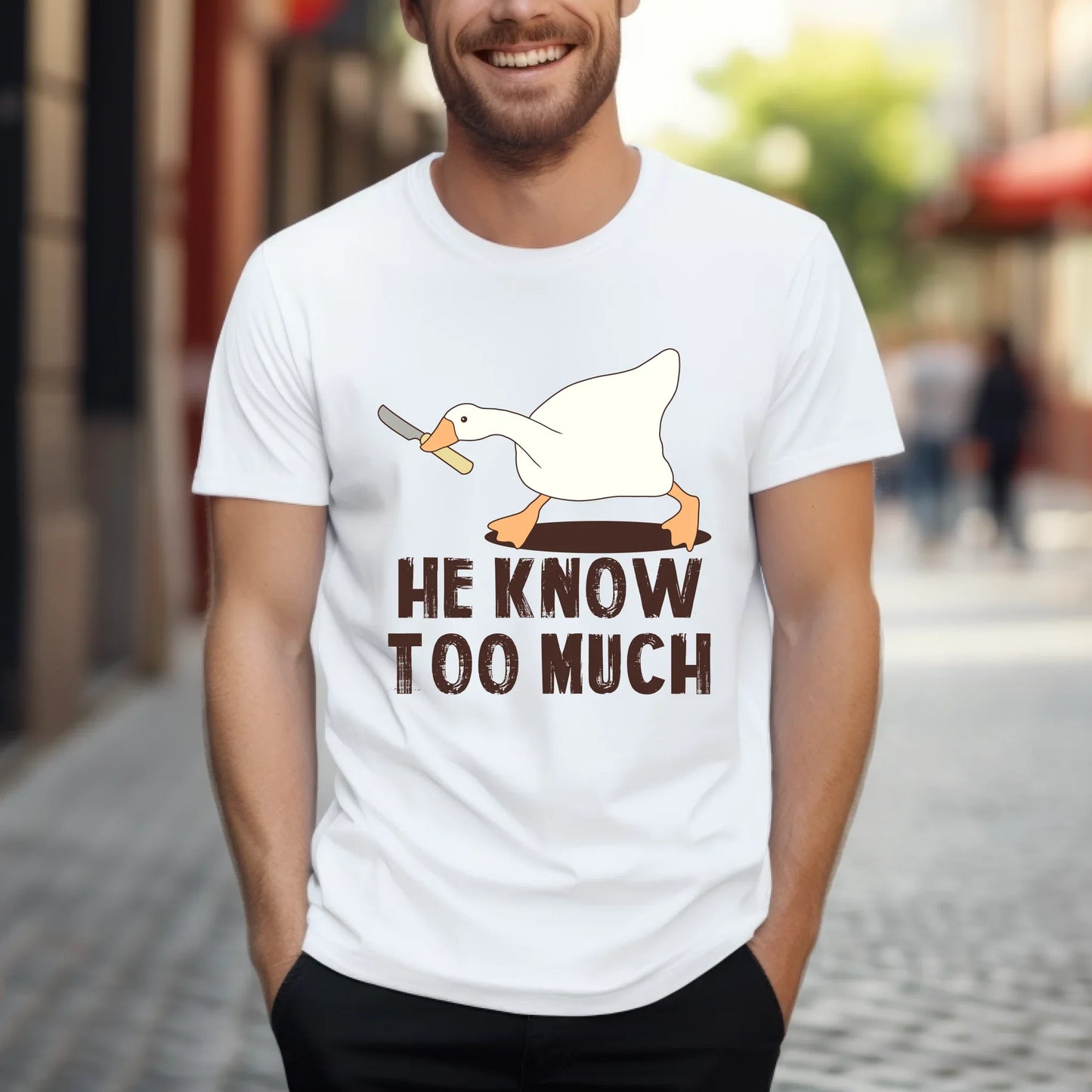 Funny Goose T-Shirt – He Know Too Much – Meme Graphic Tee for Men & Women Hoodie, Sweatshirt | InkThreadWorks.com (Image 2)
