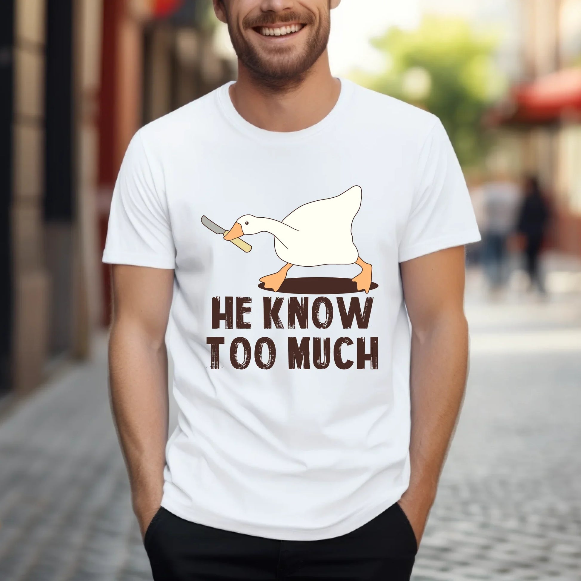 Funny Goose T-Shirt – He Know Too Much – Meme Graphic Tee for Men & Women Hoodie, Sweatshirt | InkThreadWorks.com (Image 2)