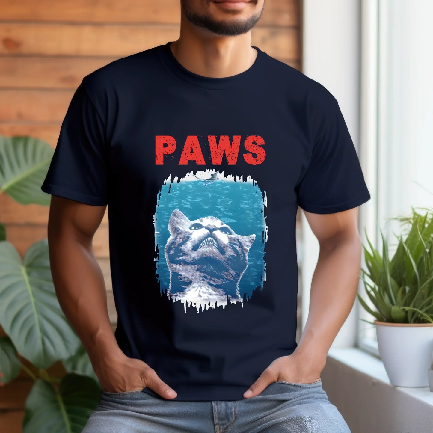Funny Cat “PAWS” T-Shirt – Jaws Parody Graphic Tee – Retro Cat Meme Shirt for Men & Women Hoodie, Sweatshirt (Image 1)