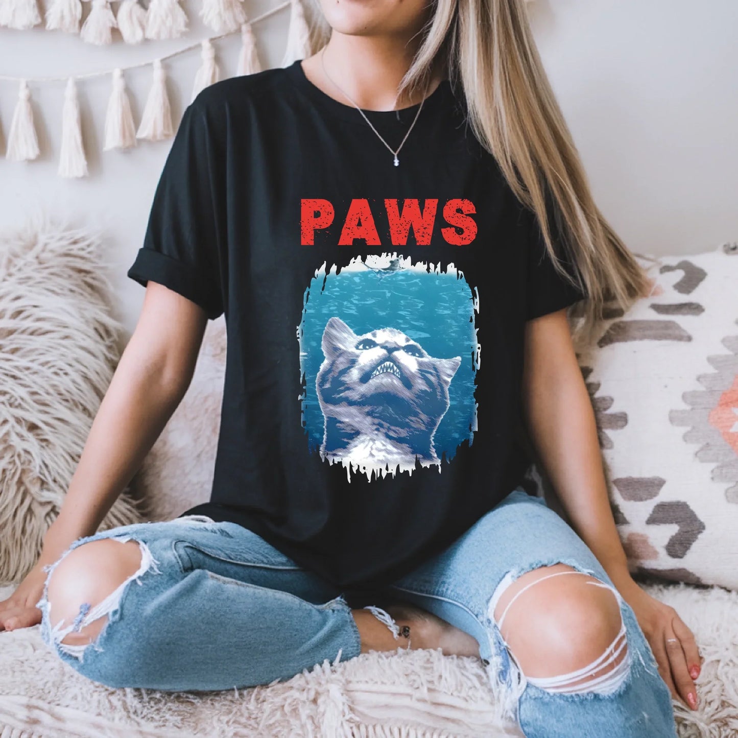 Funny Cat “PAWS” T-Shirt – Jaws Parody Graphic Tee – Retro Cat Meme Shirt for Men & Women Hoodie, Sweatshirt (Image 2)