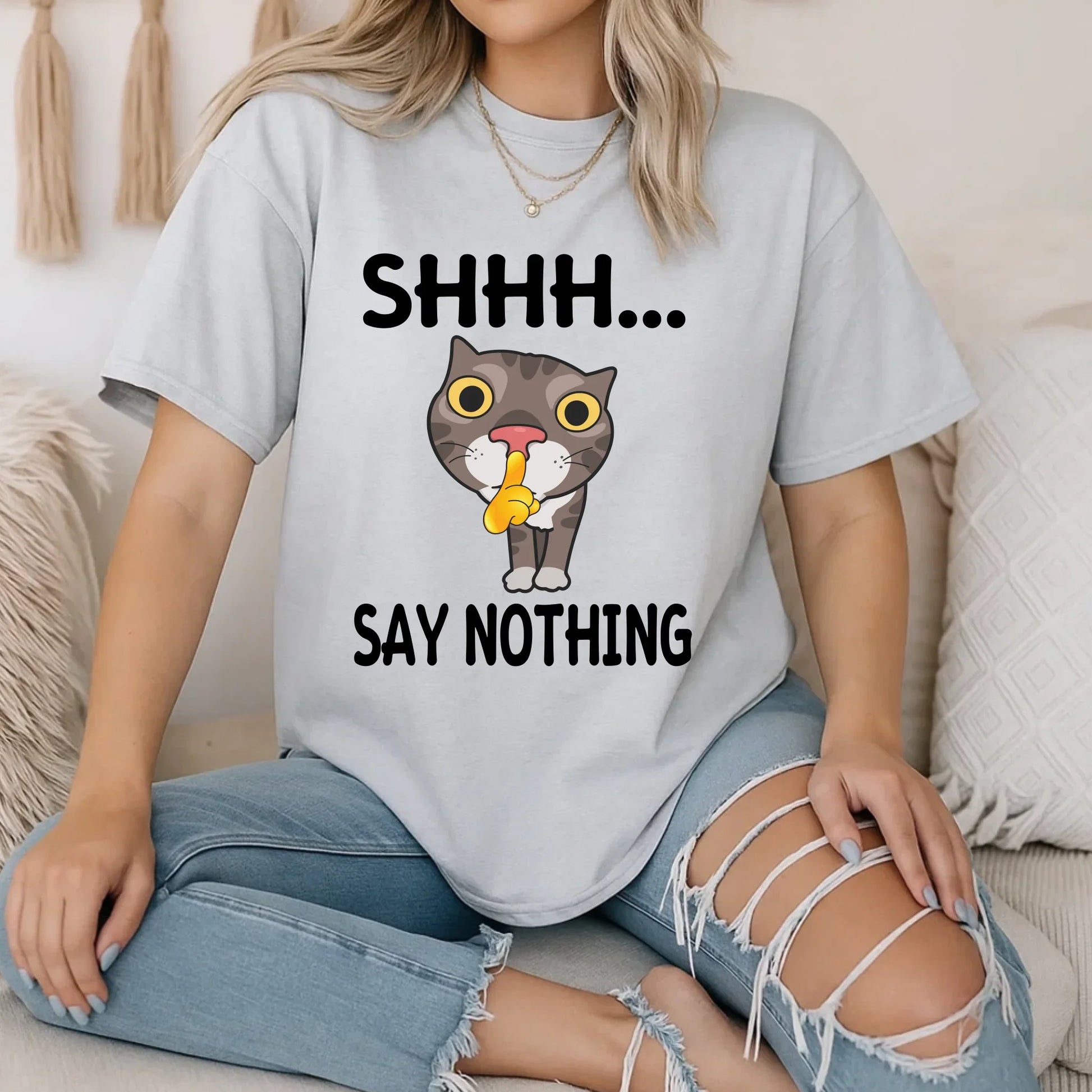 Shhh Say Nothing Cat T-Shirt – Funny Graphic Tee for Cat Lovers, Unisex Casual Top Hoodie, Sweatshirt (Image 5)