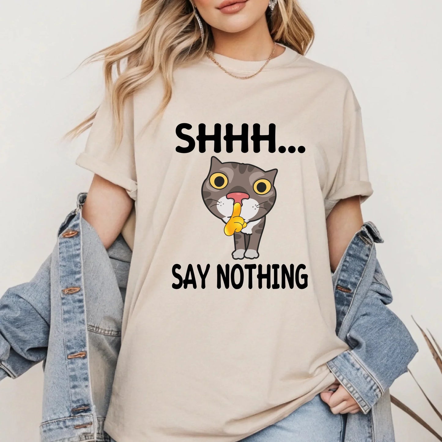Shhh Say Nothing Cat T-Shirt – Funny Graphic Tee for Cat Lovers, Unisex Casual Top Hoodie, Sweatshirt (Image 1)