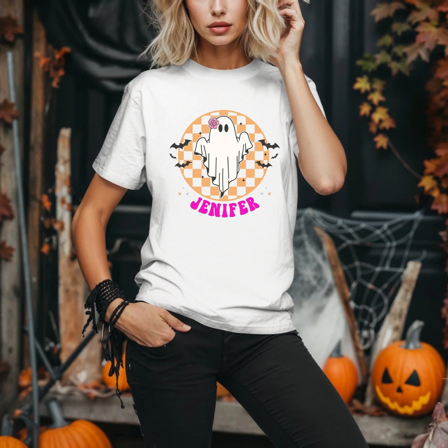 Personalized Halloween Ghost Shirt – Custom Name Checkerboard Tee Hoodie, Sweatshirt | InkThreadWorks.com (Image 1)