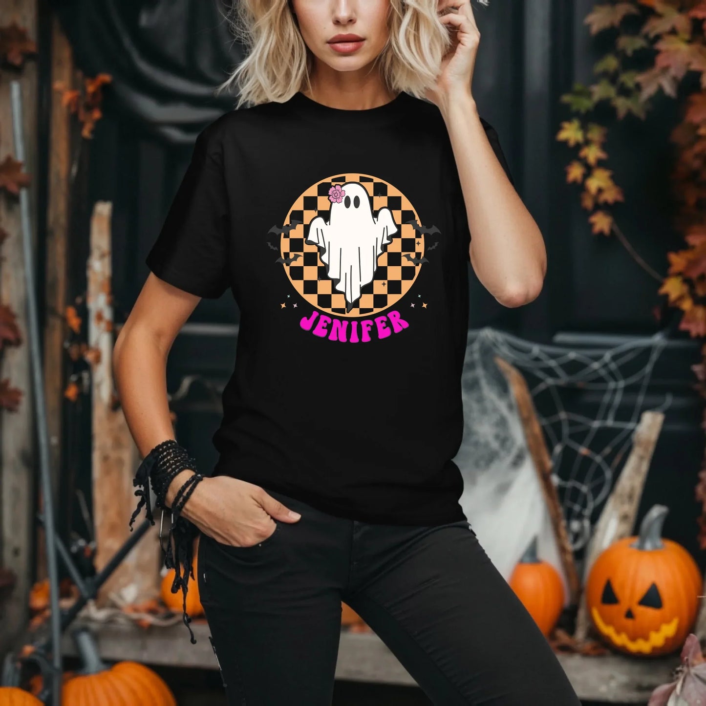 Personalized Halloween Ghost Shirt – Custom Name Checkerboard Tee Hoodie, Sweatshirt | InkThreadWorks.com (Image 2)