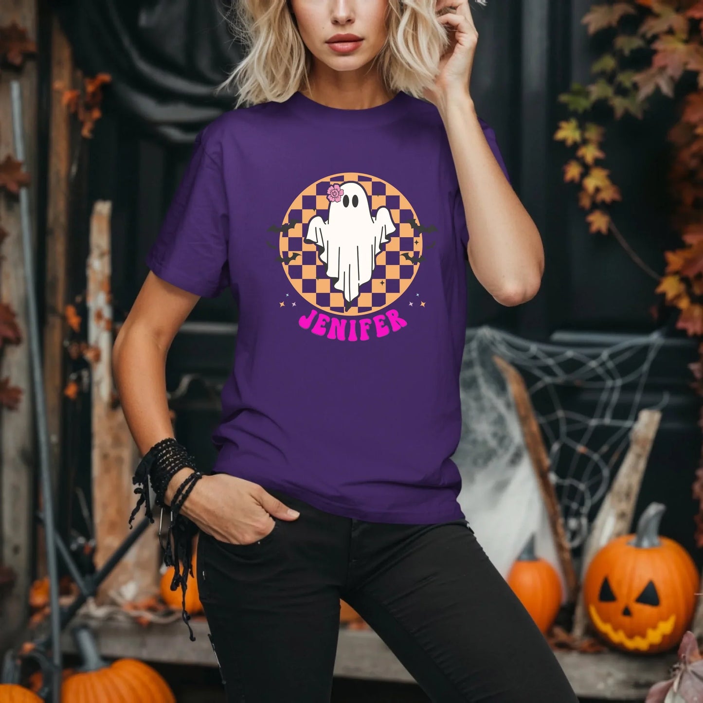 Personalized Halloween Ghost Shirt – Custom Name Checkerboard Tee Hoodie, Sweatshirt | InkThreadWorks.com (Image 4)