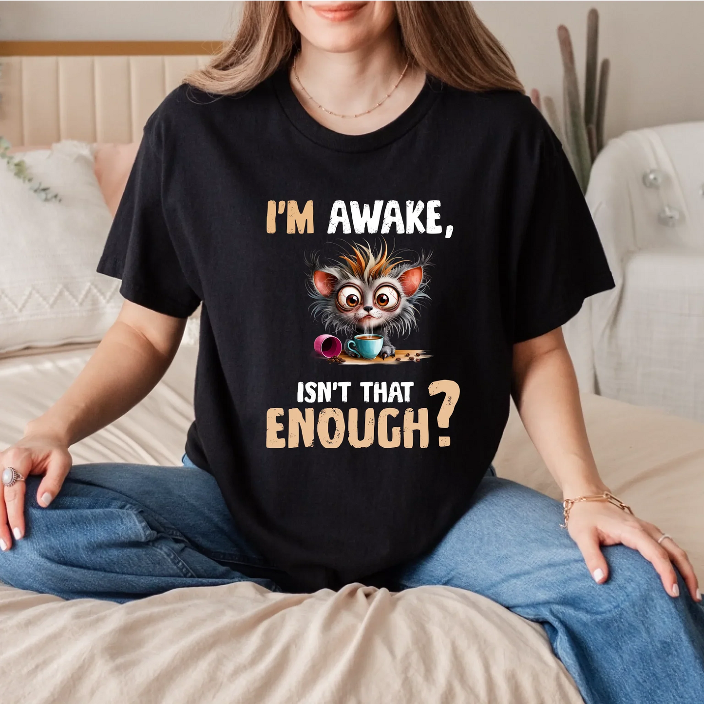 I’m Awake, Isn’t That Enough? – Funny Cat Custom T-Shirt | Personalized Cartoon Cat Tee for Cat Lovers Hoodie,... (Image 1)