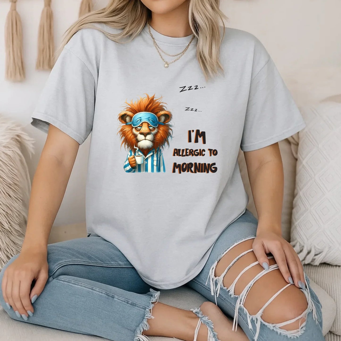Funny Animals T-Shirt – I’m Allergic to Morning – Sleeping Animals Coffee Graphic Tee for Men & Women Hoodie,... (Image 4)