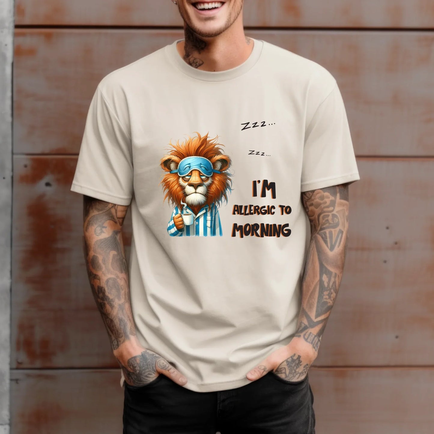 Funny Animals T-Shirt – I’m Allergic to Morning – Sleeping Animals Coffee Graphic Tee for Men & Women Hoodie,... (Image 5)