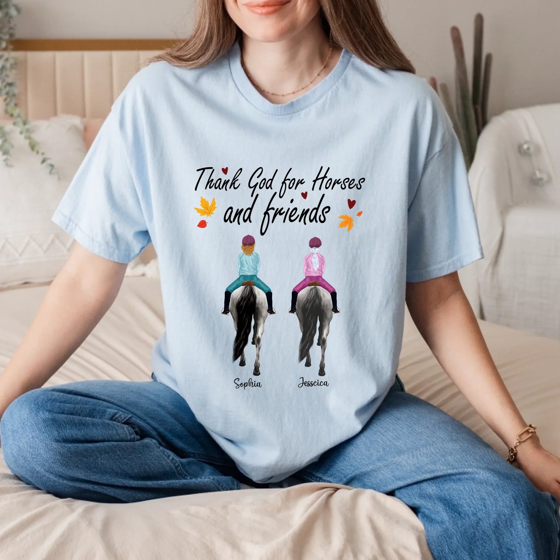 Personalized Horse Riding Shirt – Custom Friends & Horse Names – “Thank God for Horses and Friends” Equestrian... (Image 1)