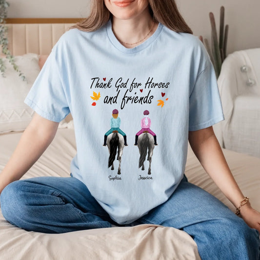 Personalized Horse Riding Shirt – Custom Friends & Horse Names – “Thank God for Horses and Friends” Equestrian... (Image 1)