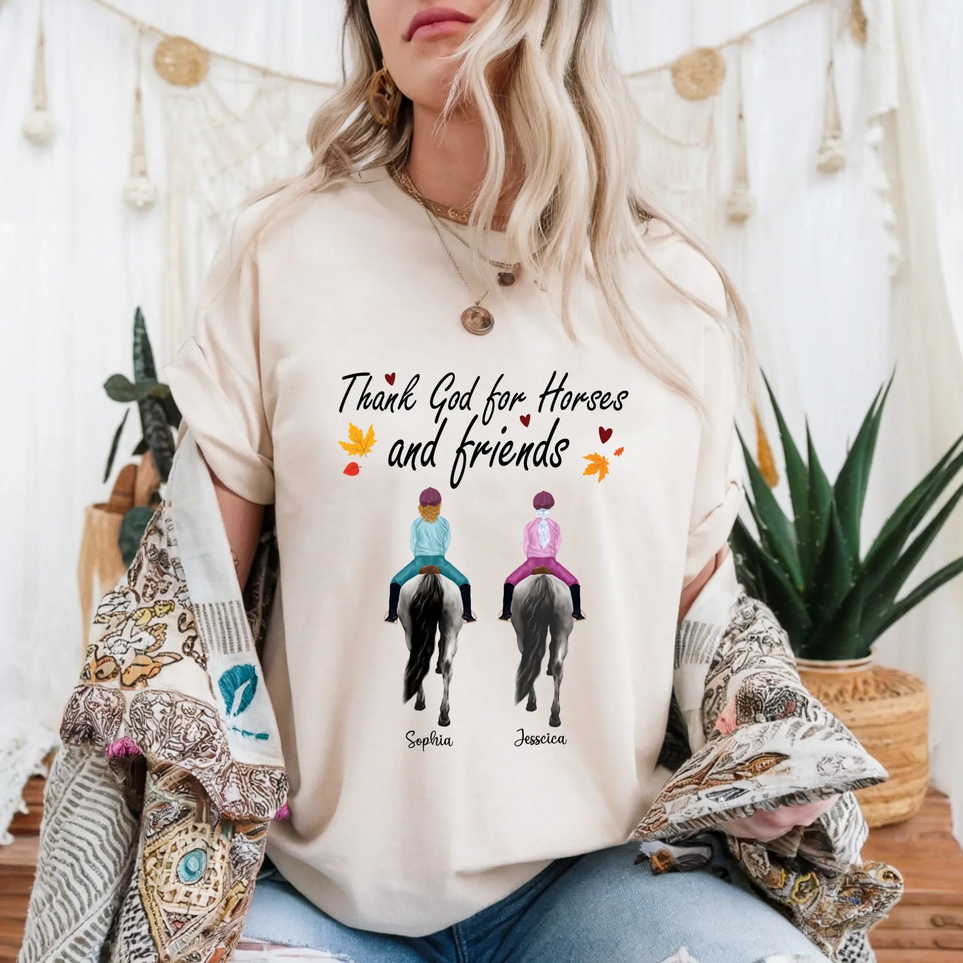 Personalized Horse Riding Shirt – Custom Friends & Horse Names – “Thank God for Horses and Friends” Equestrian... (Image 2)