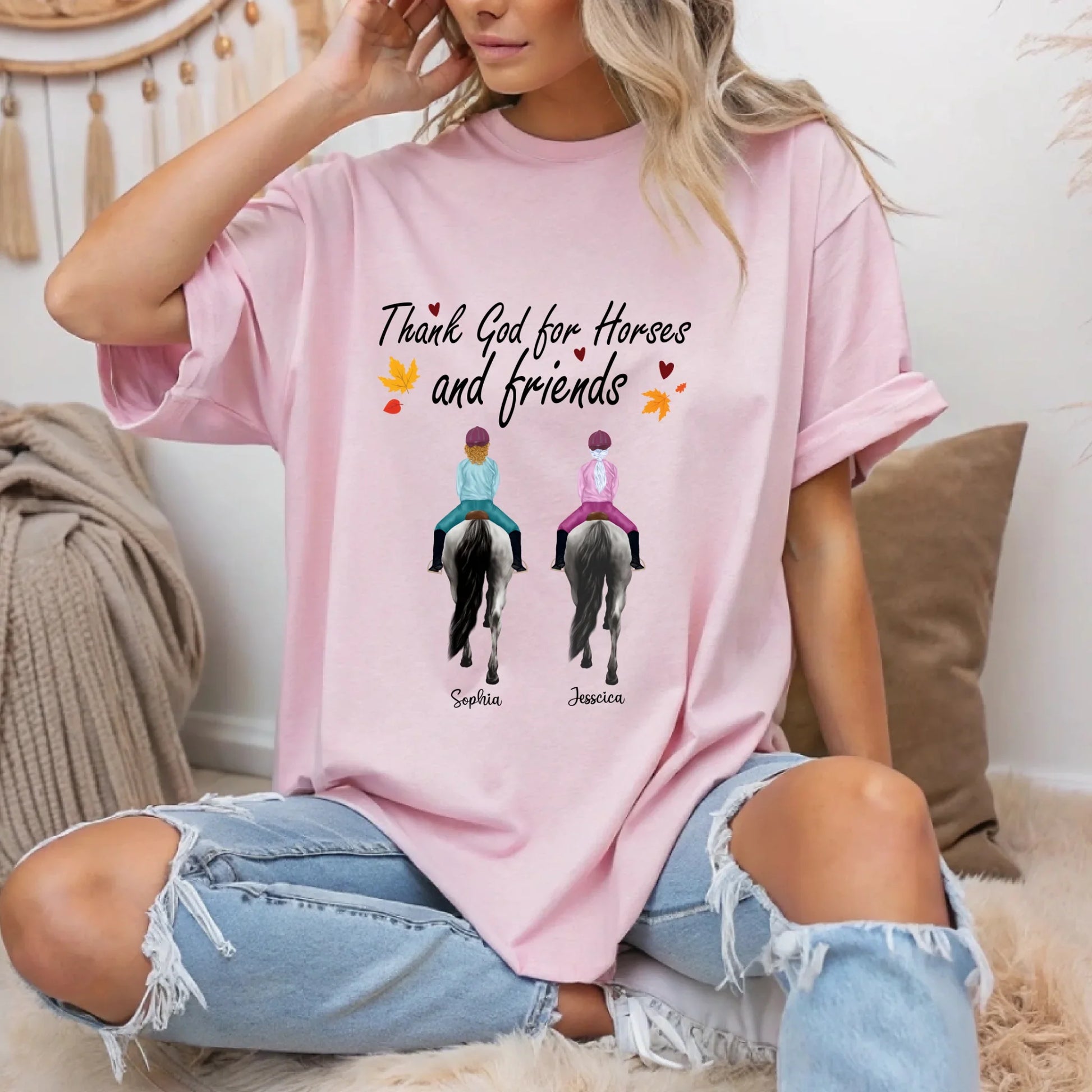 Personalized Horse Riding Shirt – Custom Friends & Horse Names – “Thank God for Horses and Friends” Equestrian... (Image 3)