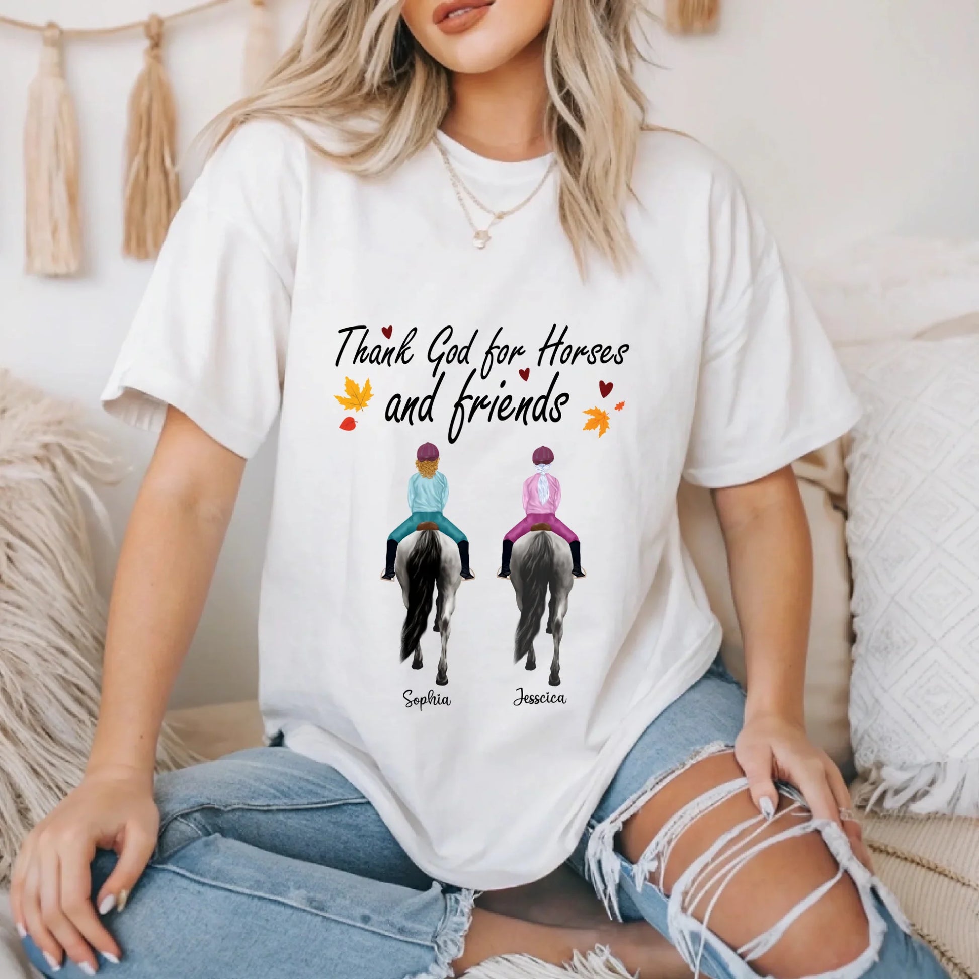 Personalized Horse Riding Shirt – Custom Friends & Horse Names – “Thank God for Horses and Friends” Equestrian... (Image 4)