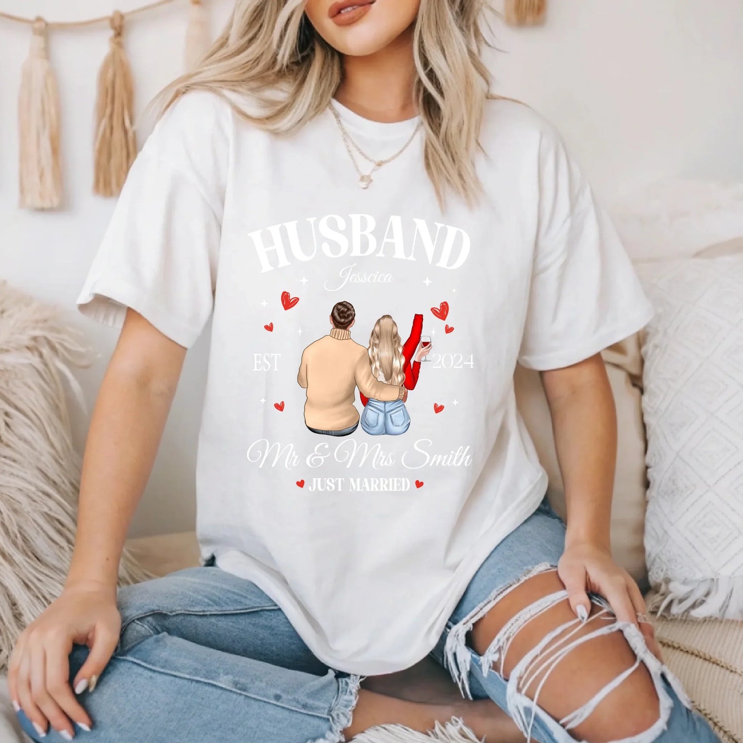 Personalized Just Married Couple Shirts – Husband & Wifey – Custom Names, Year & Characters Hoodie, Sweatshirt (Image 4)
