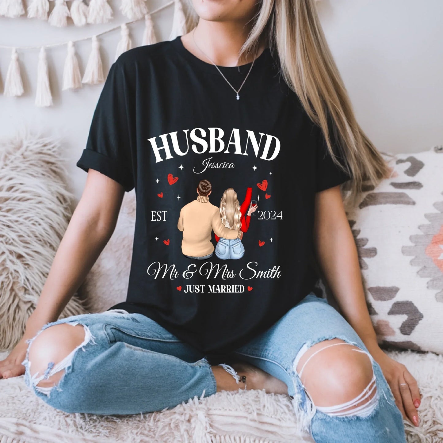 Personalized Just Married Couple Shirts – Husband & Wifey – Custom Names, Year & Characters Hoodie, Sweatshirt (Image 5)