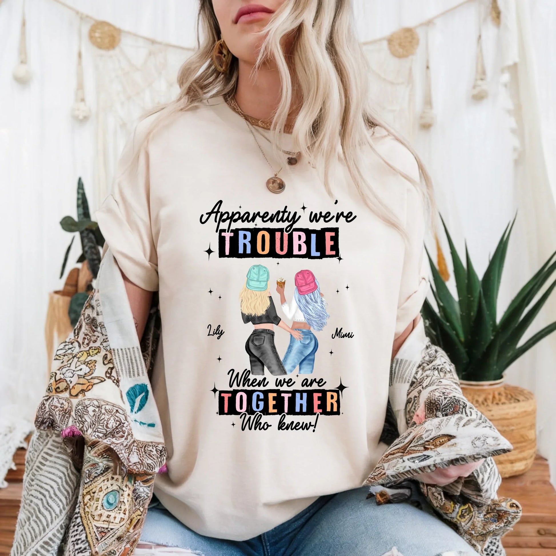 Personalized Best Friend Shirt – Apparently We’re Trouble When We’re Together – Custom Names & Characters... (Image 1)