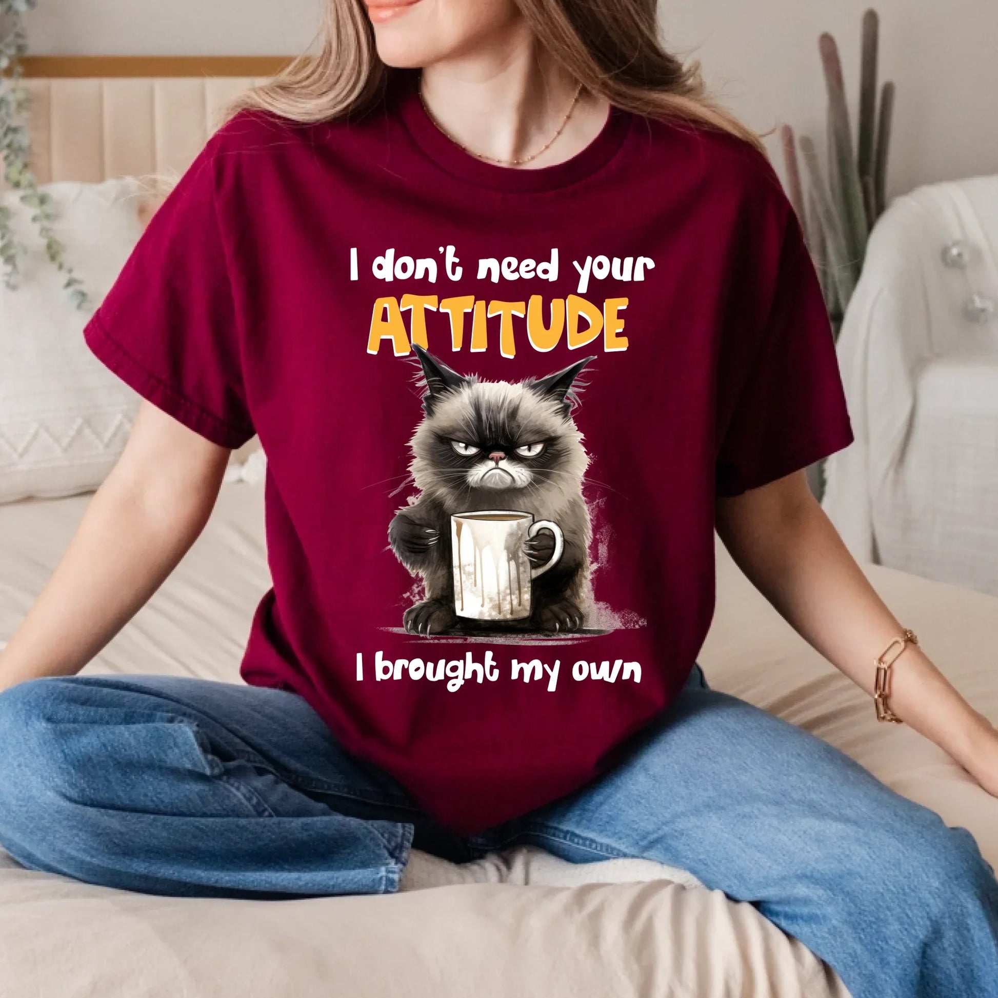 Funny Cat T-Shirt – "I Don’t Need Your Attitude, I Brought My Own" – Grumpy Cat Coffee Tee Hoodie, Sweatshirt (Image 5)