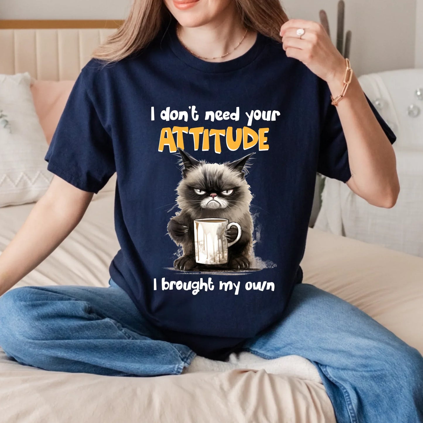 Funny Cat T-Shirt – "I Don’t Need Your Attitude, I Brought My Own" – Grumpy Cat Coffee Tee Hoodie, Sweatshirt (Image 1)