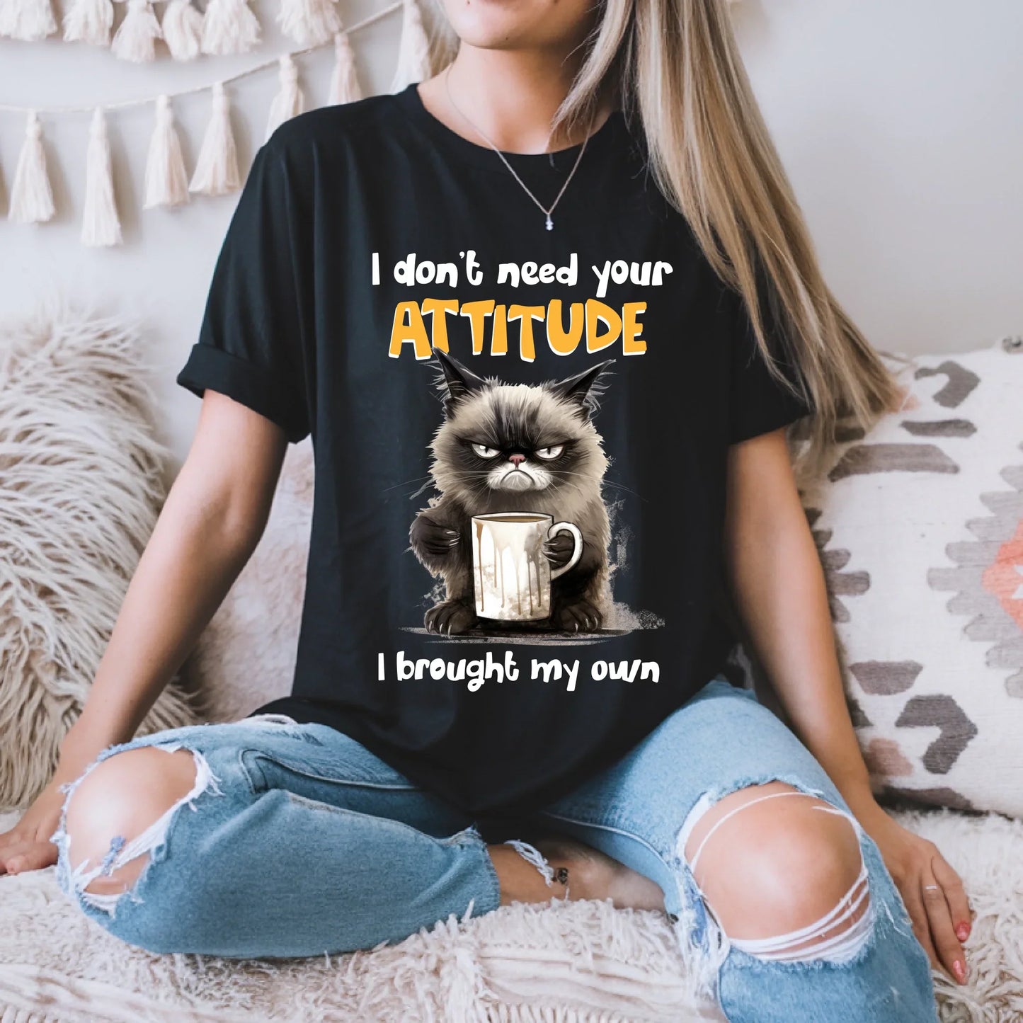 Funny Cat T-Shirt – "I Don’t Need Your Attitude, I Brought My Own" – Grumpy Cat Coffee Tee Hoodie, Sweatshirt (Image 3)