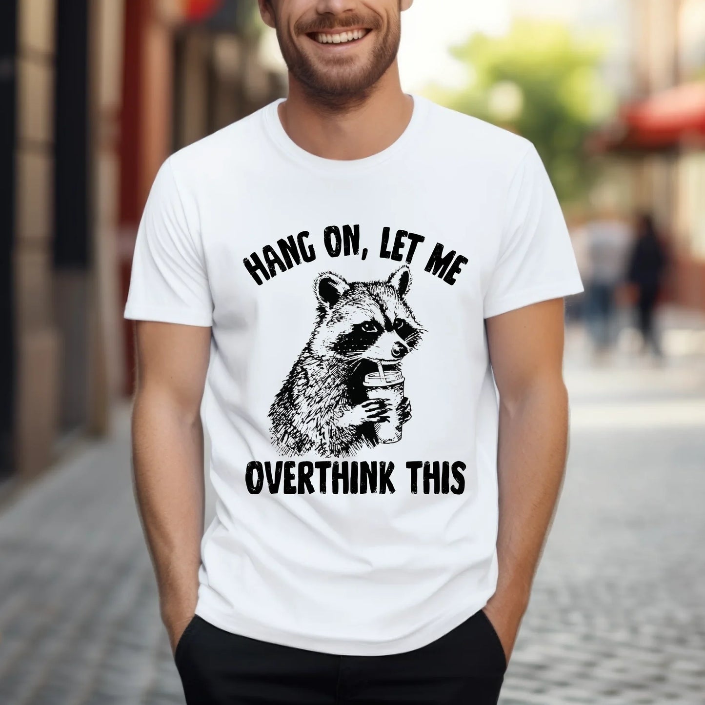 Funny Raccoon Shirt – “Hang On Let Me Overthink This” Graphic Tee Hoodie, Sweatshirt | InkThreadWorks.com (Image 2)