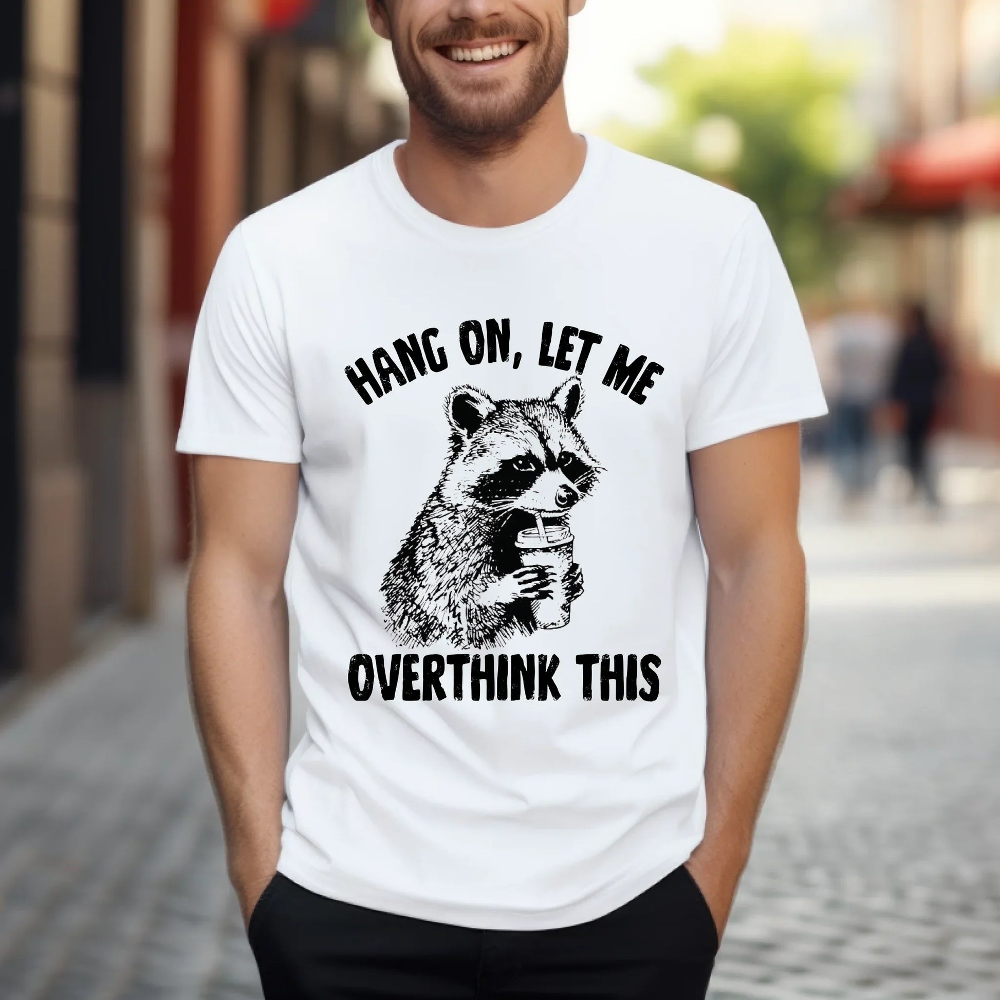 Funny Raccoon Shirt – “Hang On Let Me Overthink This” Graphic Tee Hoodie, Sweatshirt | InkThreadWorks.com (Image 2)