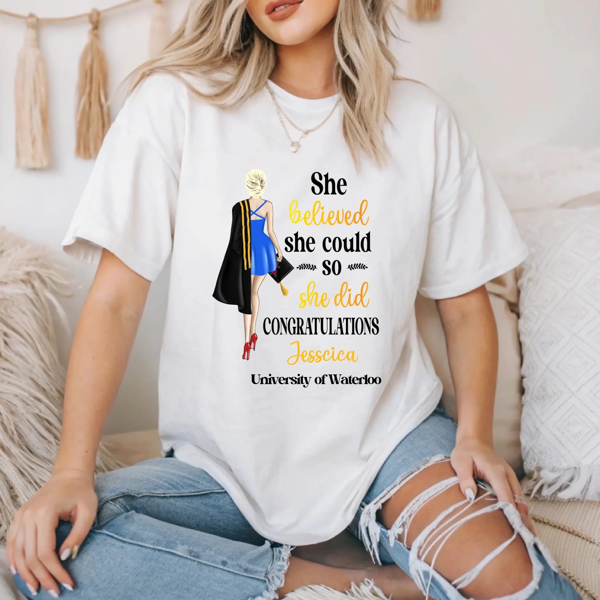 Custom Graduation Shirt – “She Believed She Could” Personalized Tee Hoodie, Sweatshirt | InkThreadWorks.com (Image 1)
