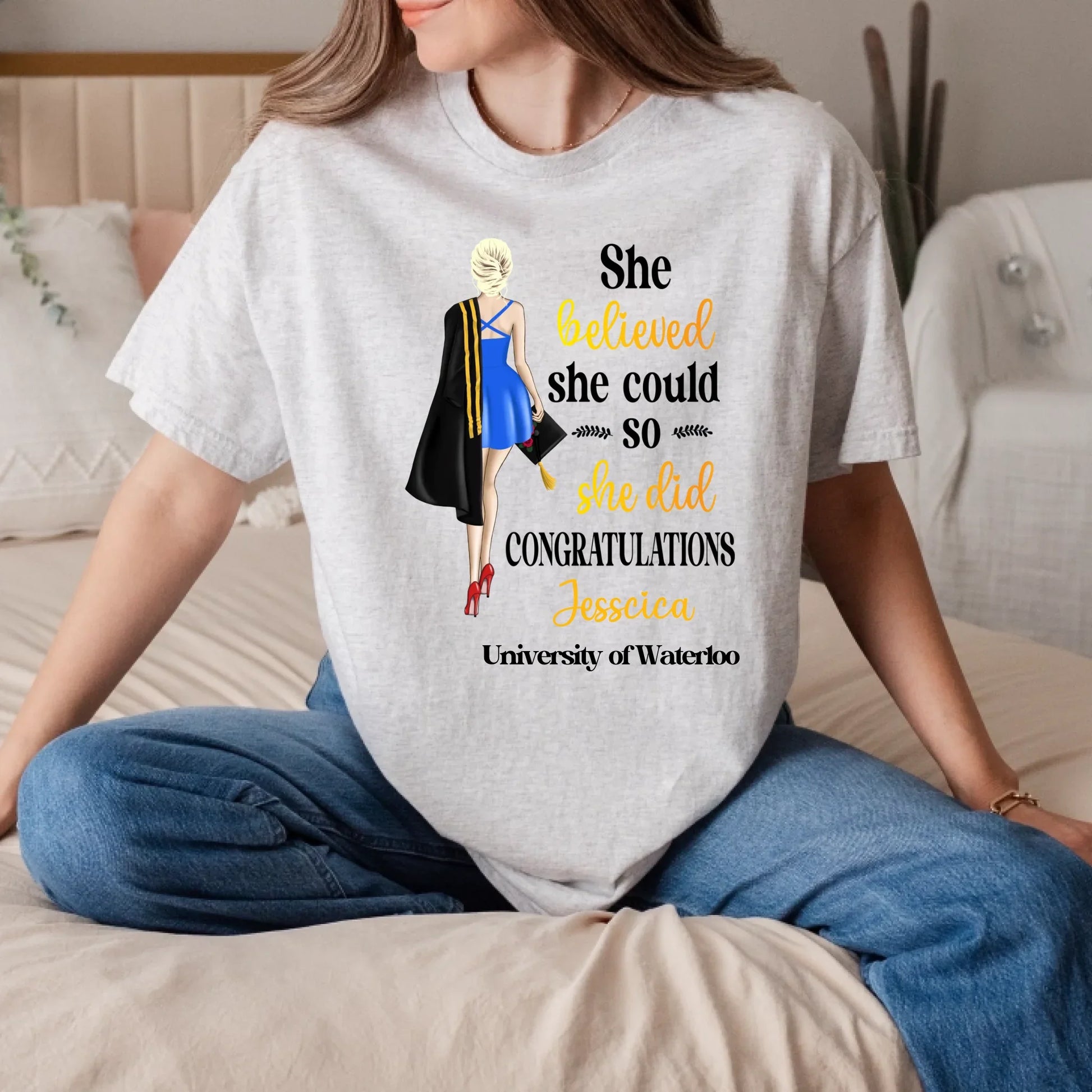 Custom Graduation Shirt – “She Believed She Could” Personalized Tee Hoodie, Sweatshirt | InkThreadWorks.com (Image 2)