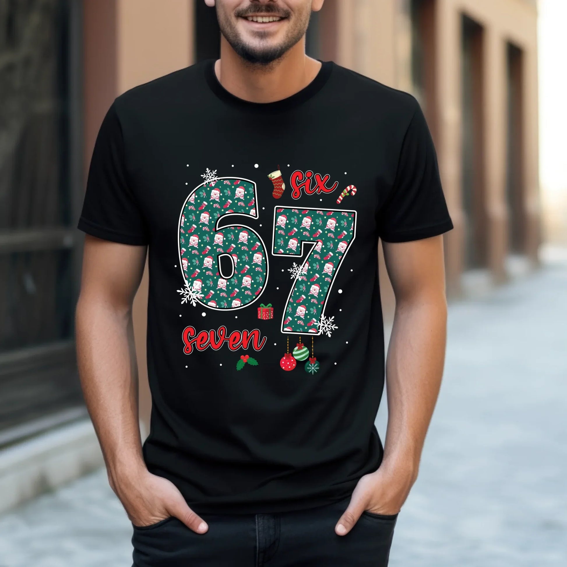 Christmas 67 Sweatshirt/T-shirt – Festive “Six Seven” Santa Pattern Holiday Pullover Hoodie | InkThreadWorks.com (Image 2)